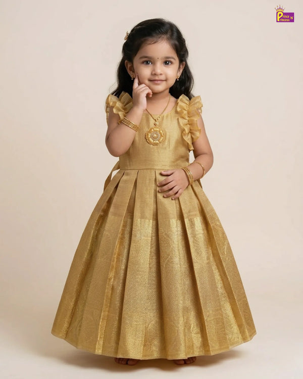 Gold Raw Silk Pattu Gown Frill Sleeve | Traditional Festival Gown PG466