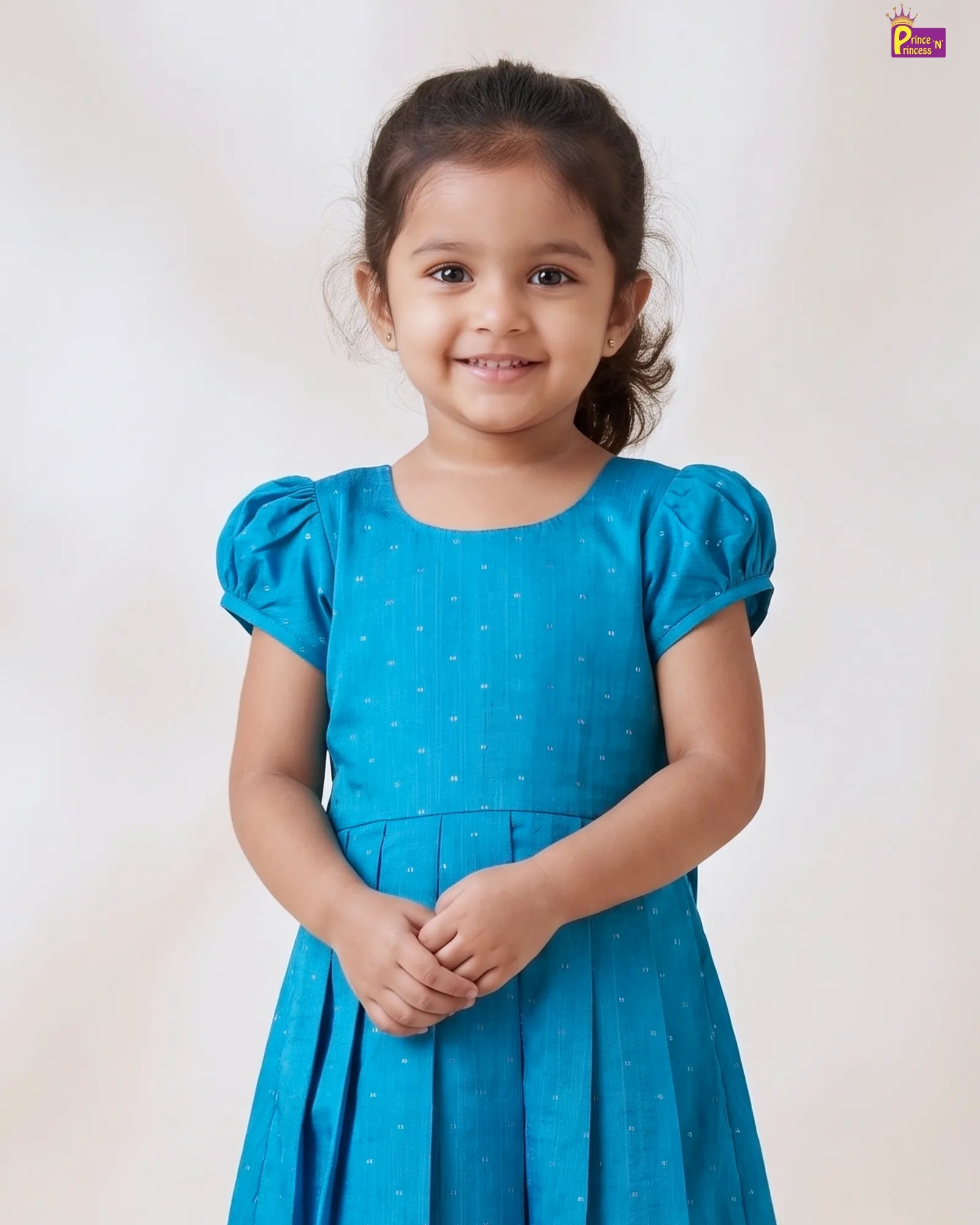 Sky Blue Dobby Cotton Midi Frock for Girls | Puff Sleeve Long Dress CF436