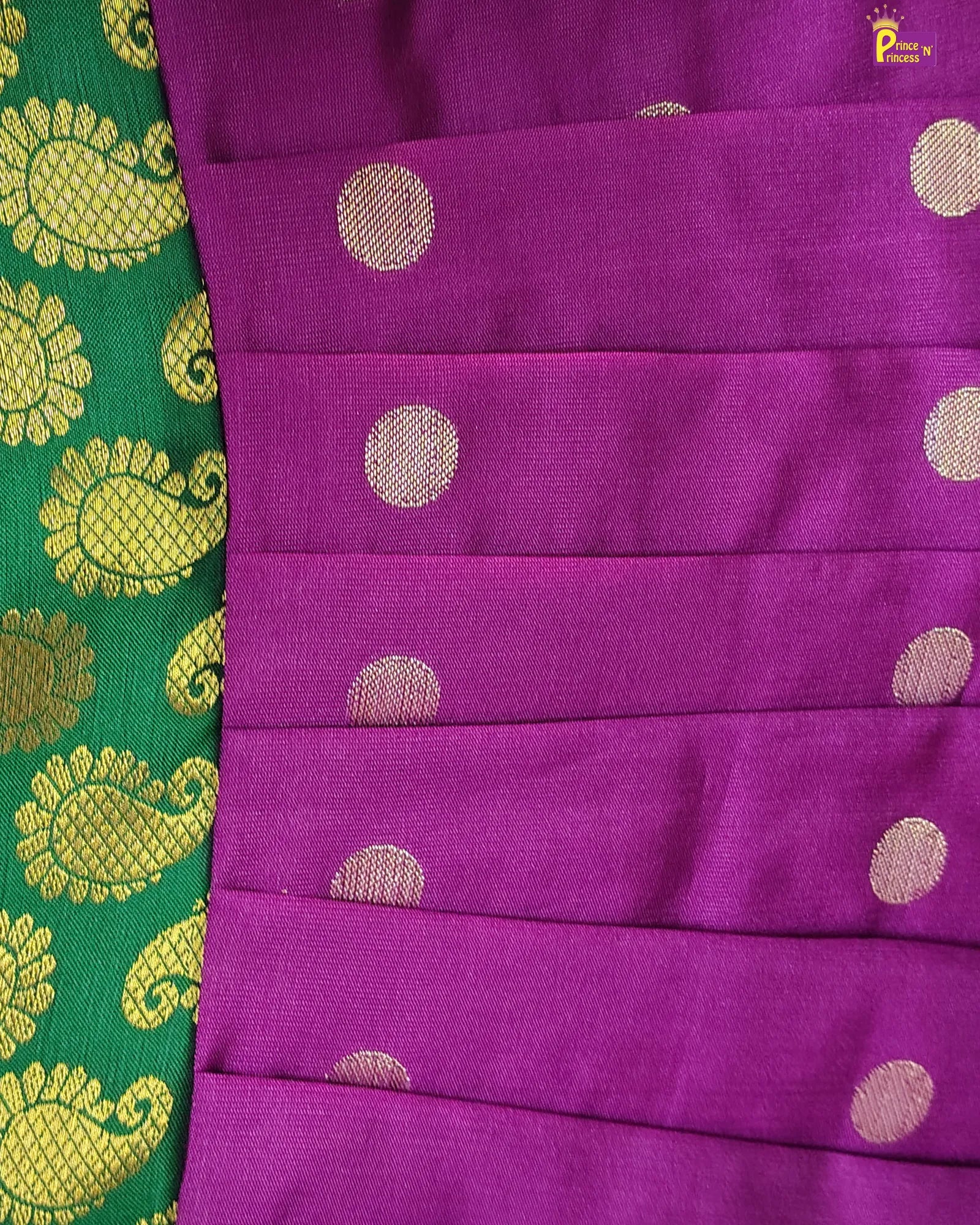 Purple fabric with gold circular patterns next to green fabric with yellow floral patterns