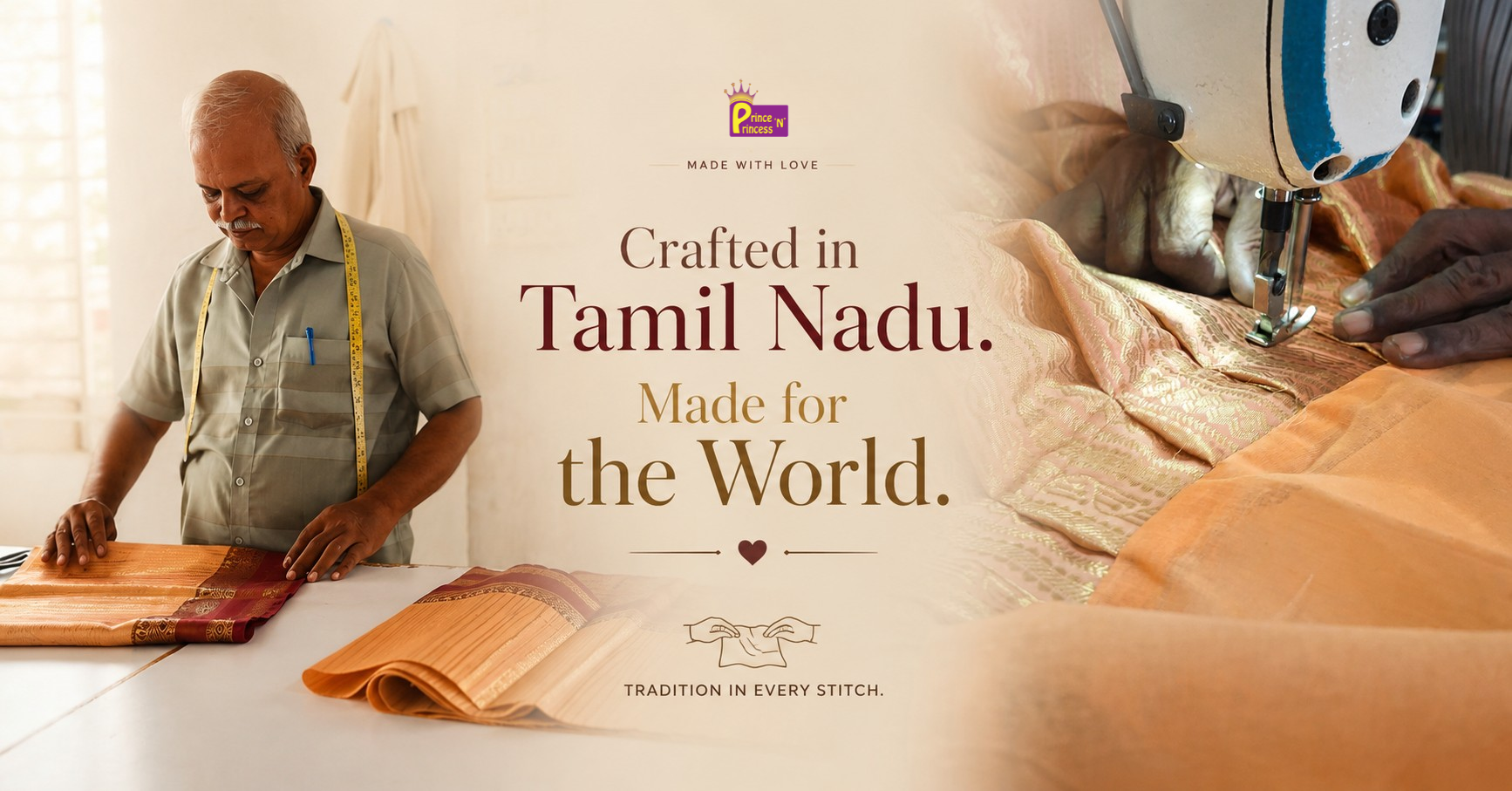 Promotional banner for a Tamil Nadu-based sewing and garment-making brand, featuring a man measuring fabric on the left, a close-up of hands operating a sewing machine on the right, and large text reading 'Crafted in Tamil Nadu. Made for the World.