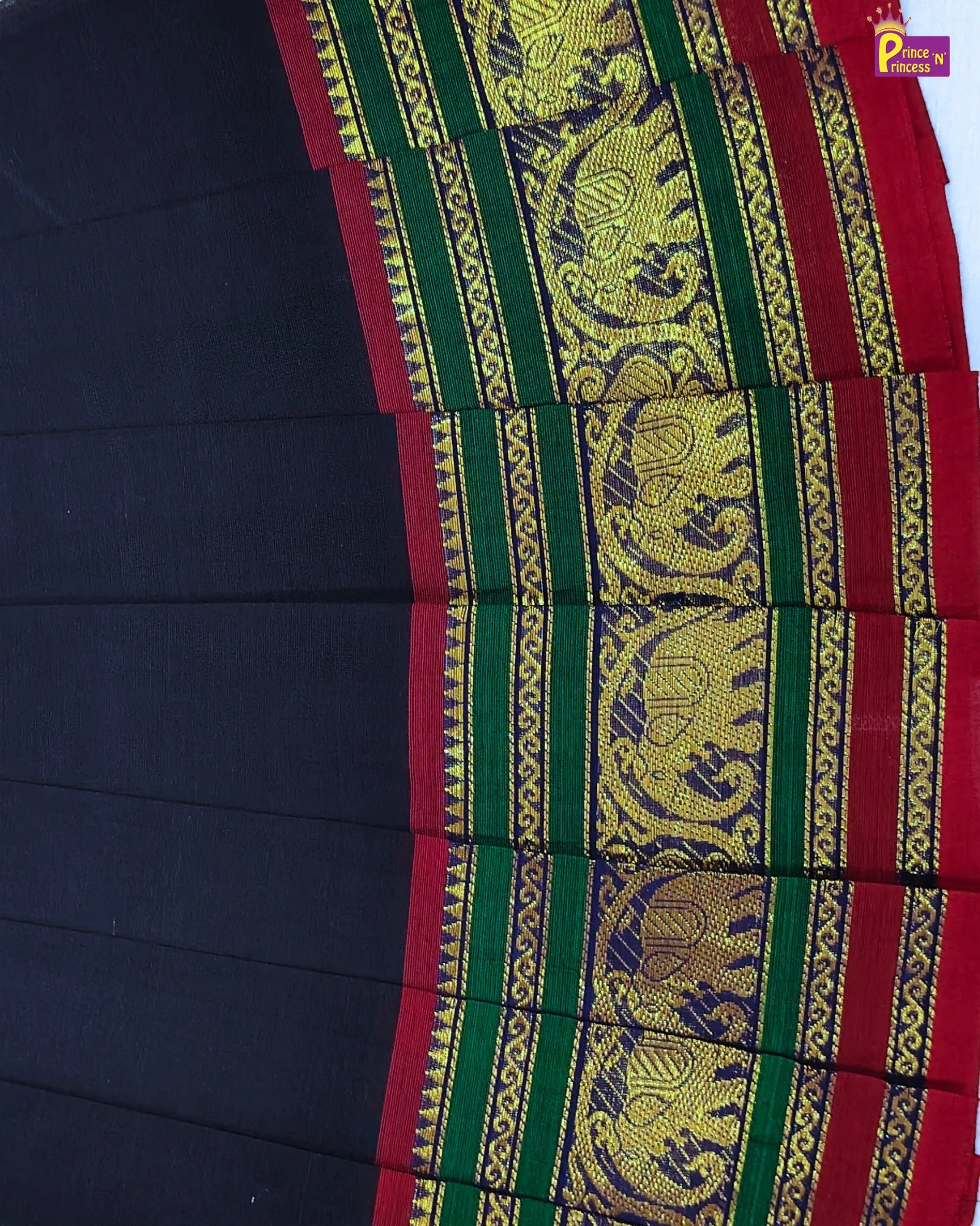 Saree with black, red, and green border featuring gold patterns