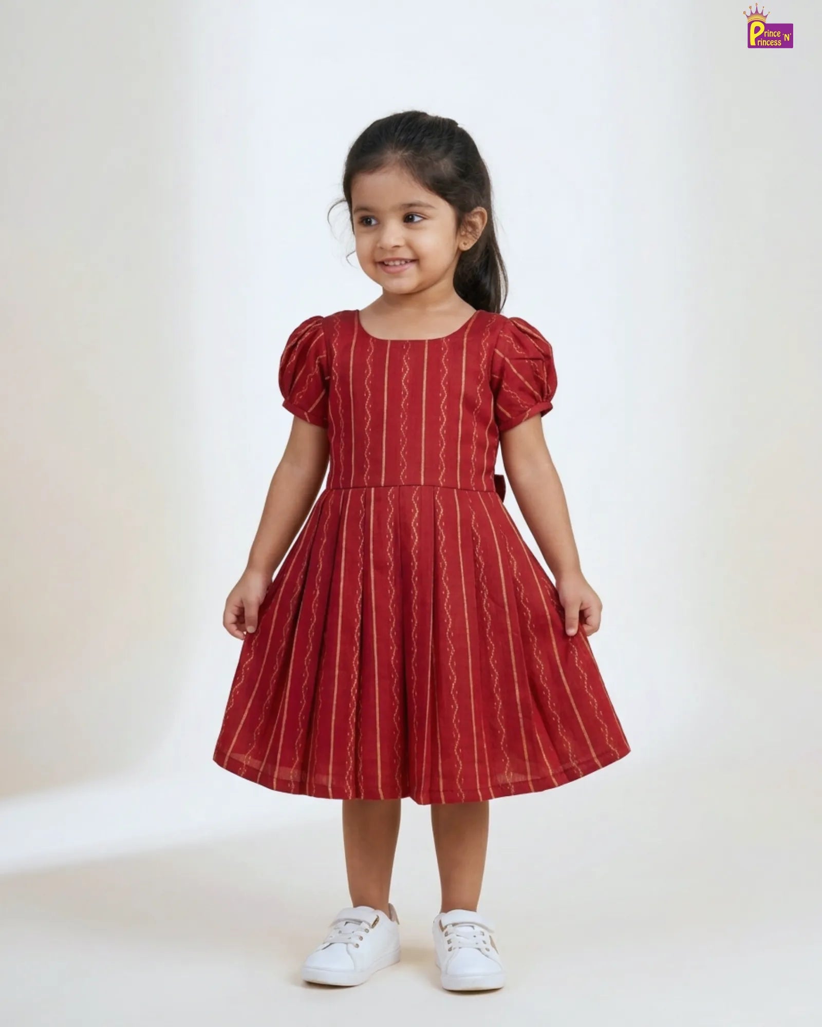 Dark Red Gold Stripe Cotton Frock for Girls | Puff Sleeve Pleated Dress CF424