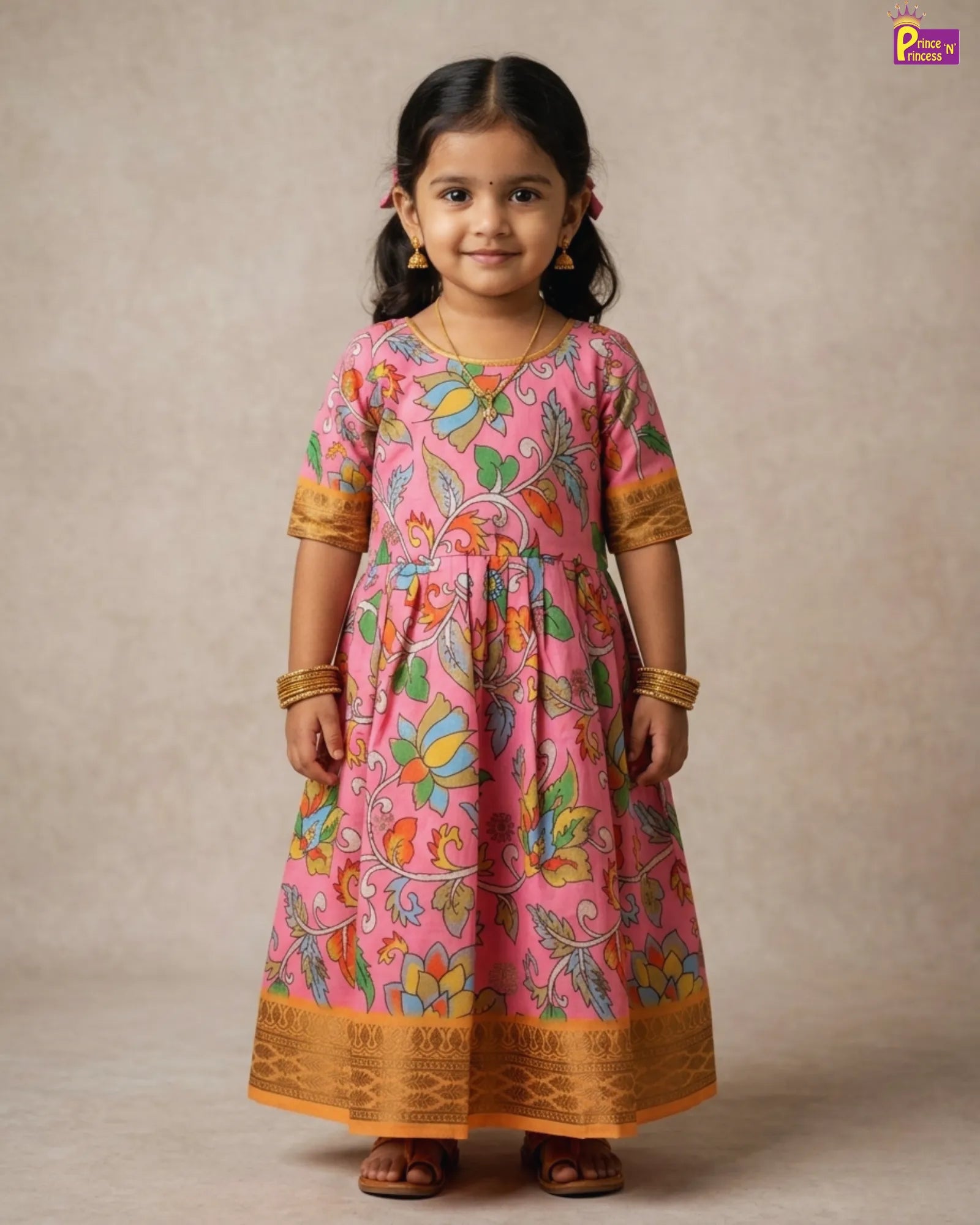 Girls Pink Kalamkari Taffeta Silk Full Length Gown | 50% Sale PG326