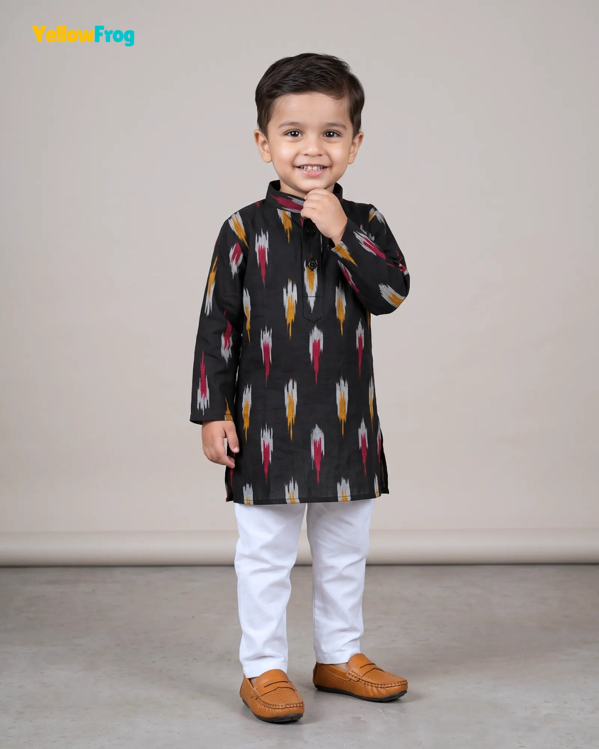 Boys Pure Cotton Ikkat Kurta Pyjama Set - Black Multicolor Ikkat Ethnic Wear with Collar KP234
