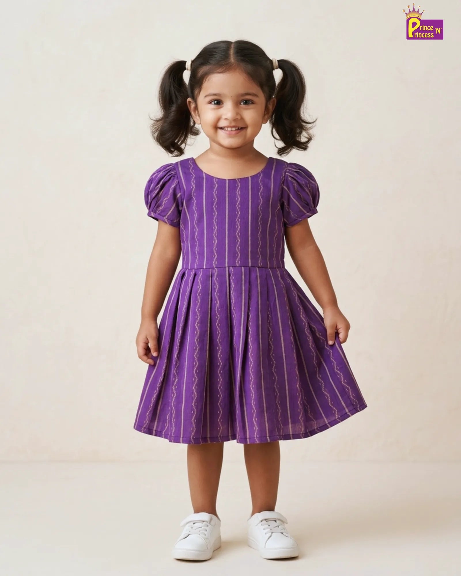 Girls Purple Striped Cotton Frock – Puff Sleeve Everyday Dress CF427