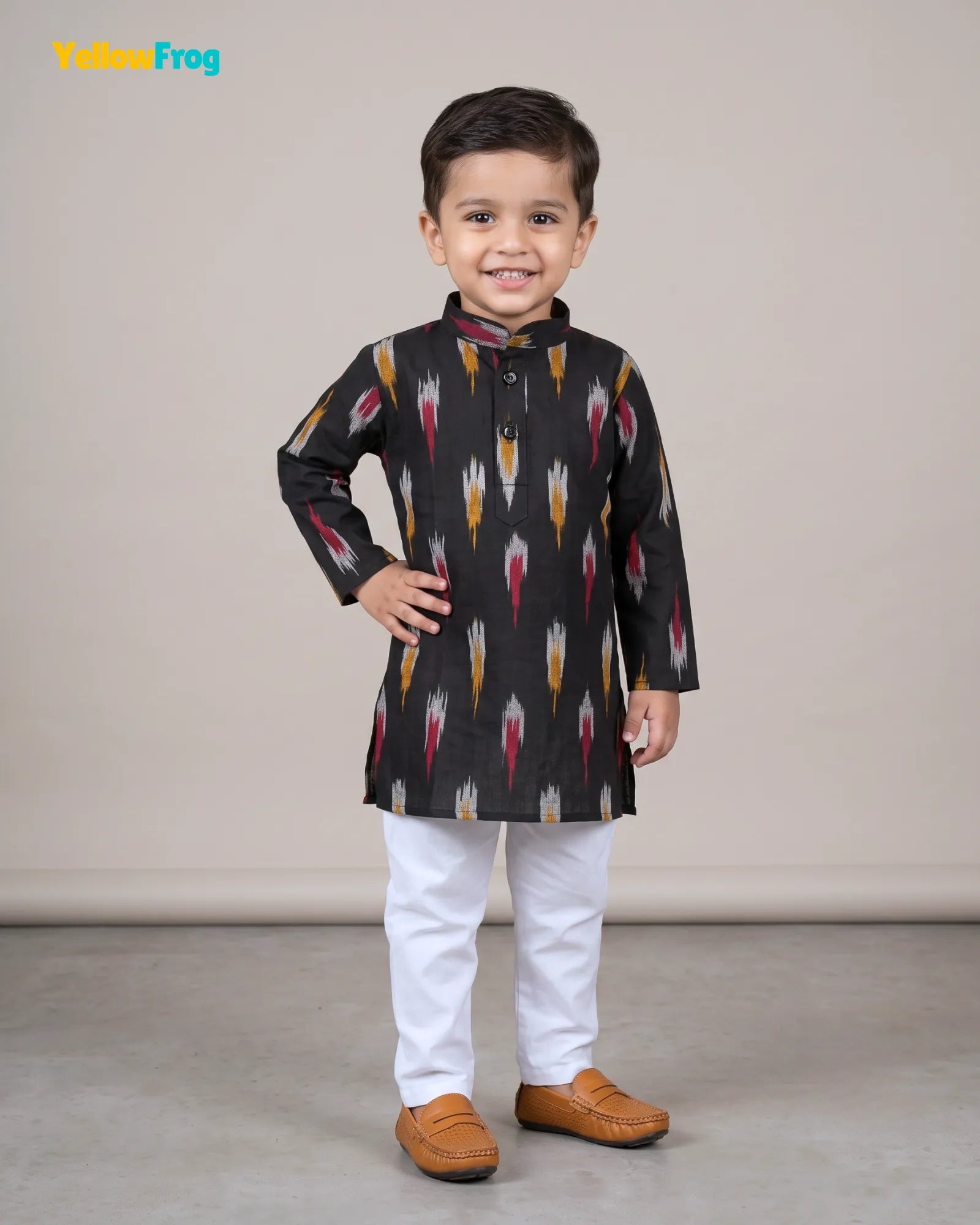 Boys Pure Cotton Ikkat Kurta Pyjama Set - Black Multicolor Ikkat Ethnic Wear with Collar KP234