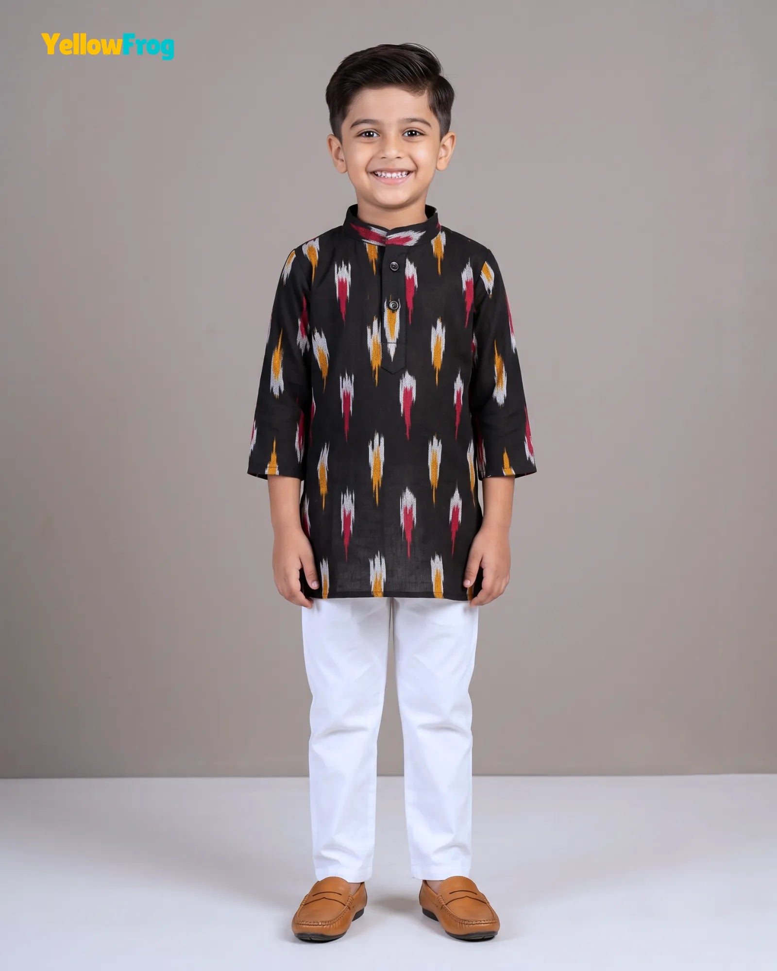 Boys Pure Cotton Ikkat Kurta Pyjama Set - Black Multicolor Ikkat Ethnic Wear with Collar KP234
