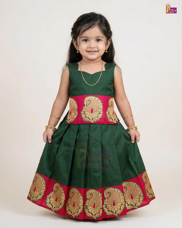 Silk Onam Pattu Pavadai  for Girls - Dark Green | Red Gold Silk Dress - PPP2099