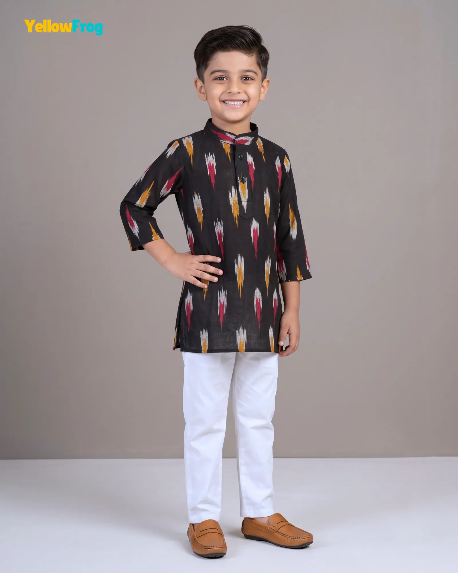 Boys Pure Cotton Ikkat Kurta Pyjama Set - Black Multicolor Ikkat Ethnic Wear with Collar KP234