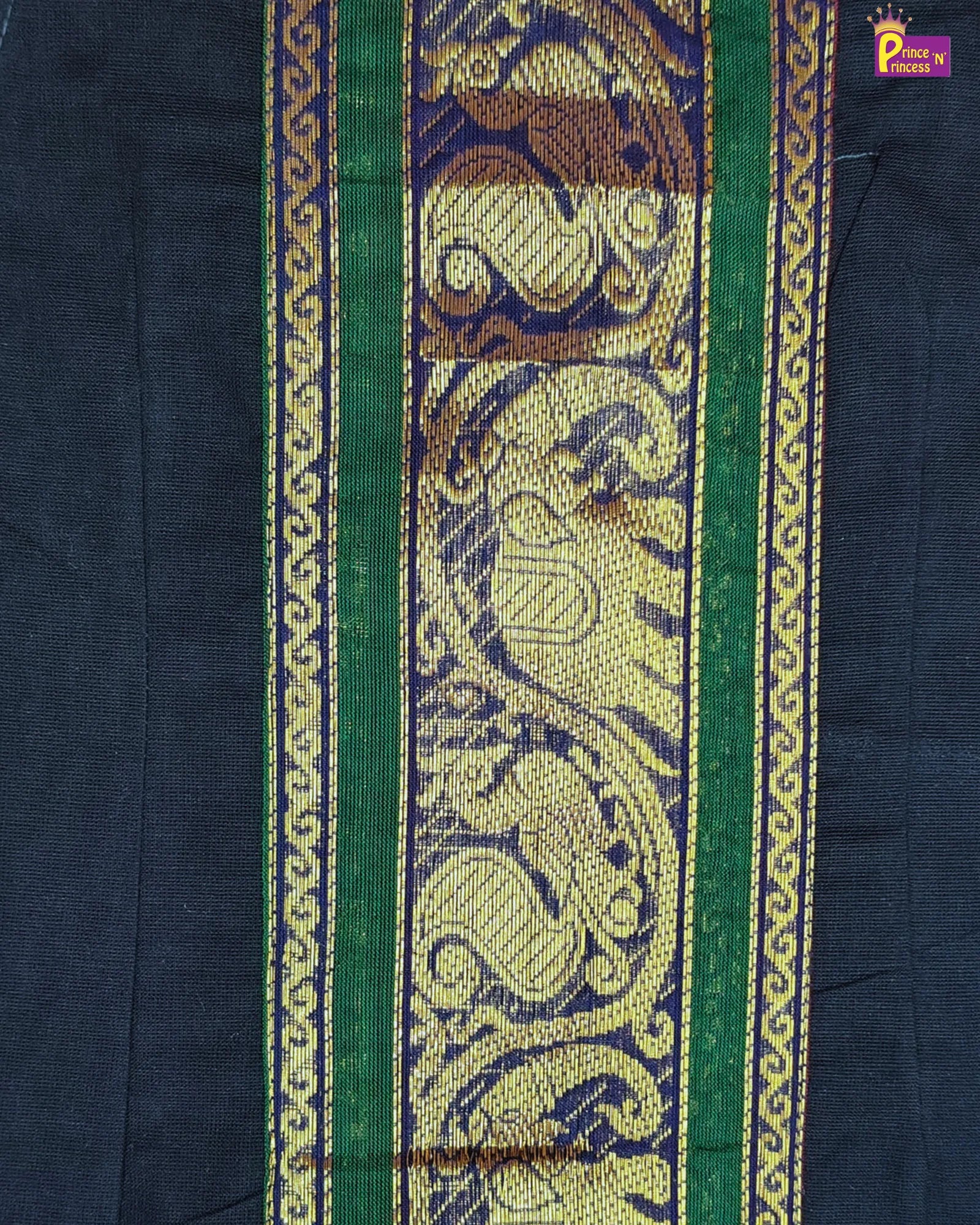 Decorative fabric strip with intricate patterns on a dark blue background