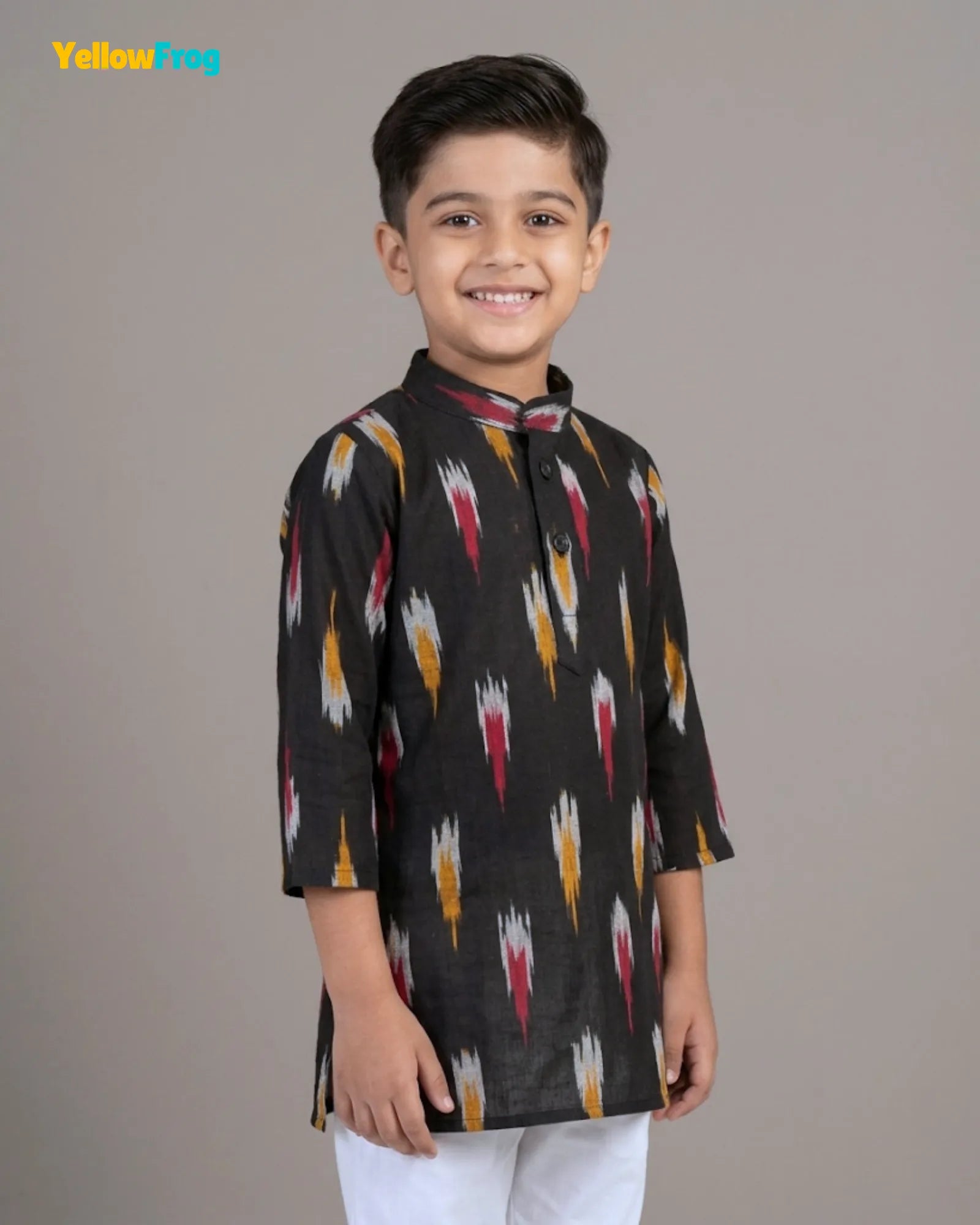Boys Pure Cotton Ikkat Kurta Pyjama Set - Black Multicolor Ikkat Ethnic Wear with Collar KP234