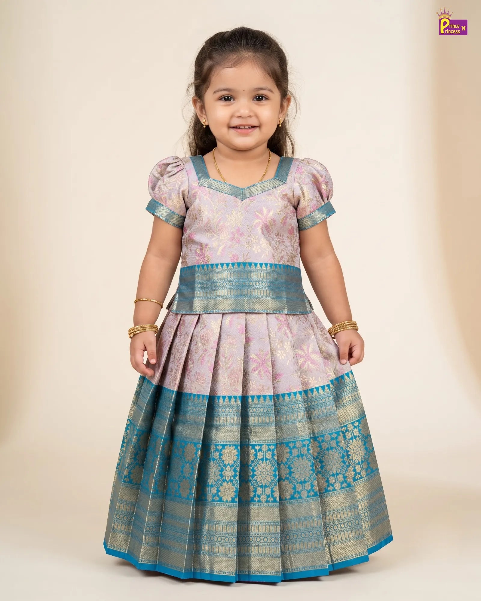 Lavender Blue Pattu Pavadai for Girls - Floral Zari Design PPP1873