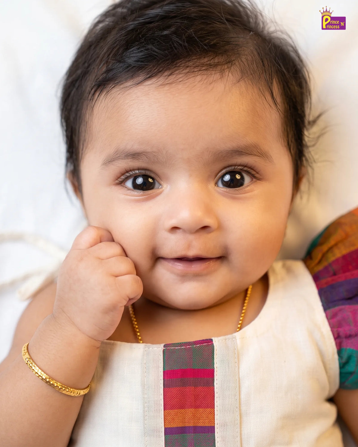 Newborn Baby Girl Kerala Kasavu with Madras Checks Cotton Frock - Shoulder Ruffle Naming Dress LF2073