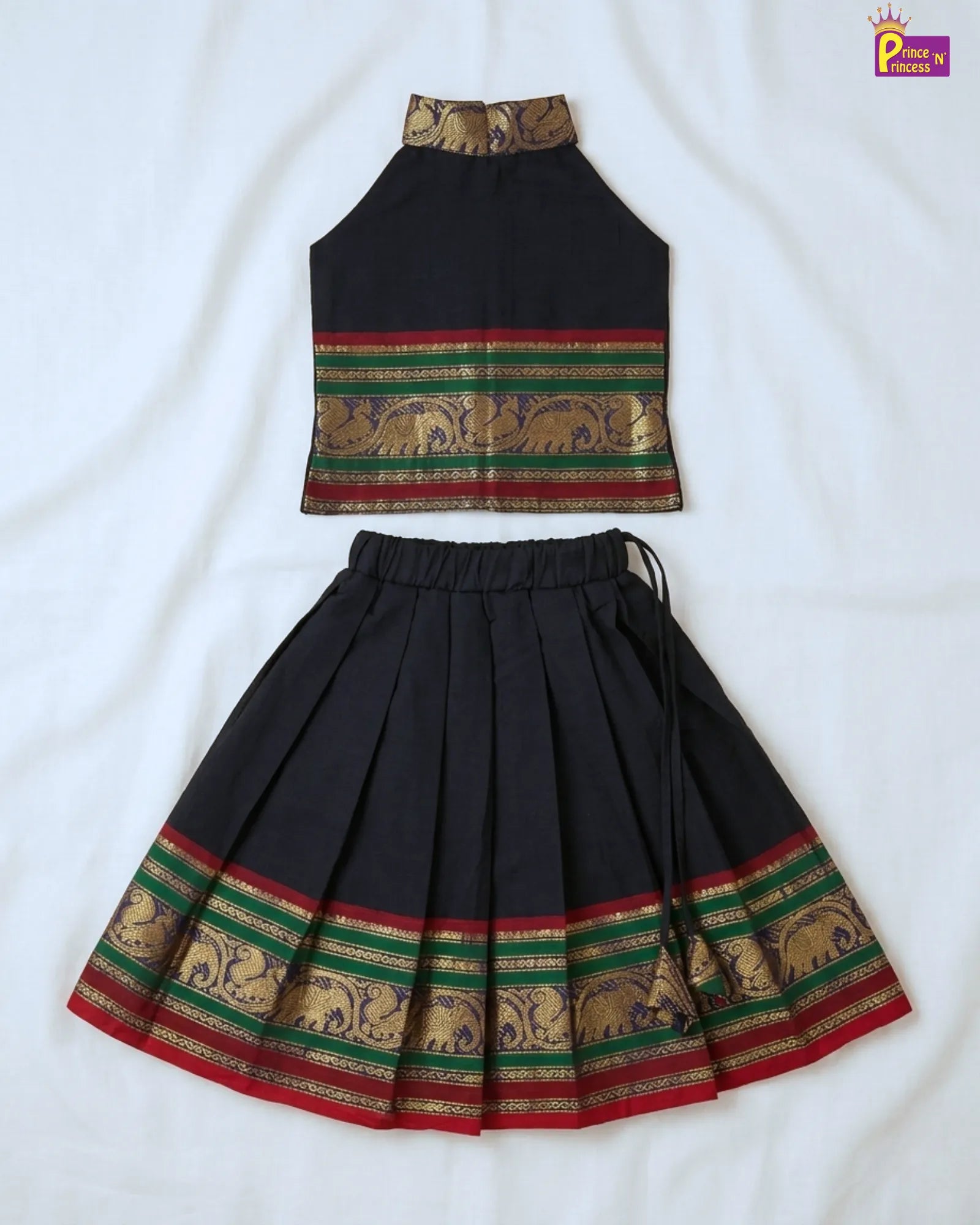 Yellow fabric with black and red pattern on a white background