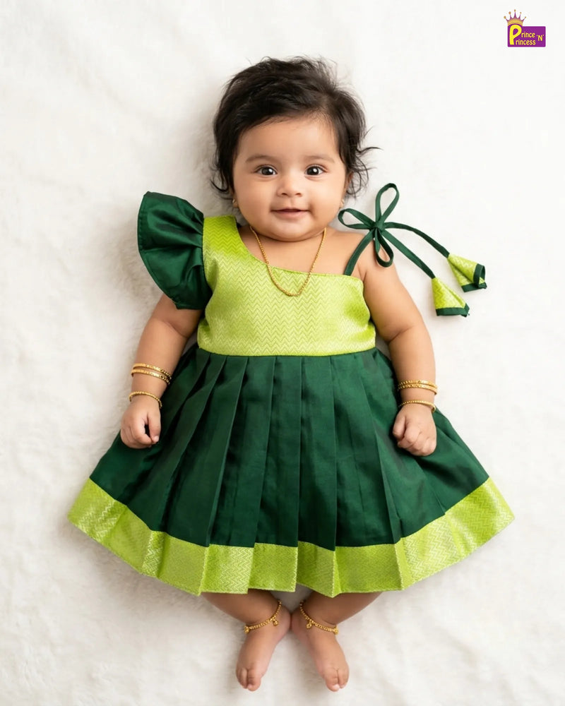 Butterfly Sleeve Newborn Silk Frock - Green Gold Pattu Dress LF2069