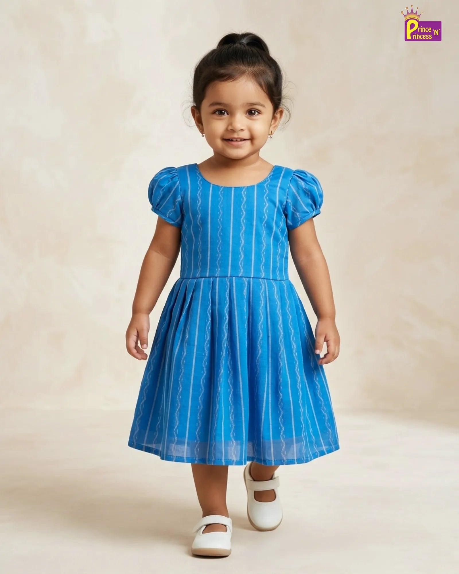Girls Blue Striped Cotton Frock – Puff Sleeve Everyday Dress CF429