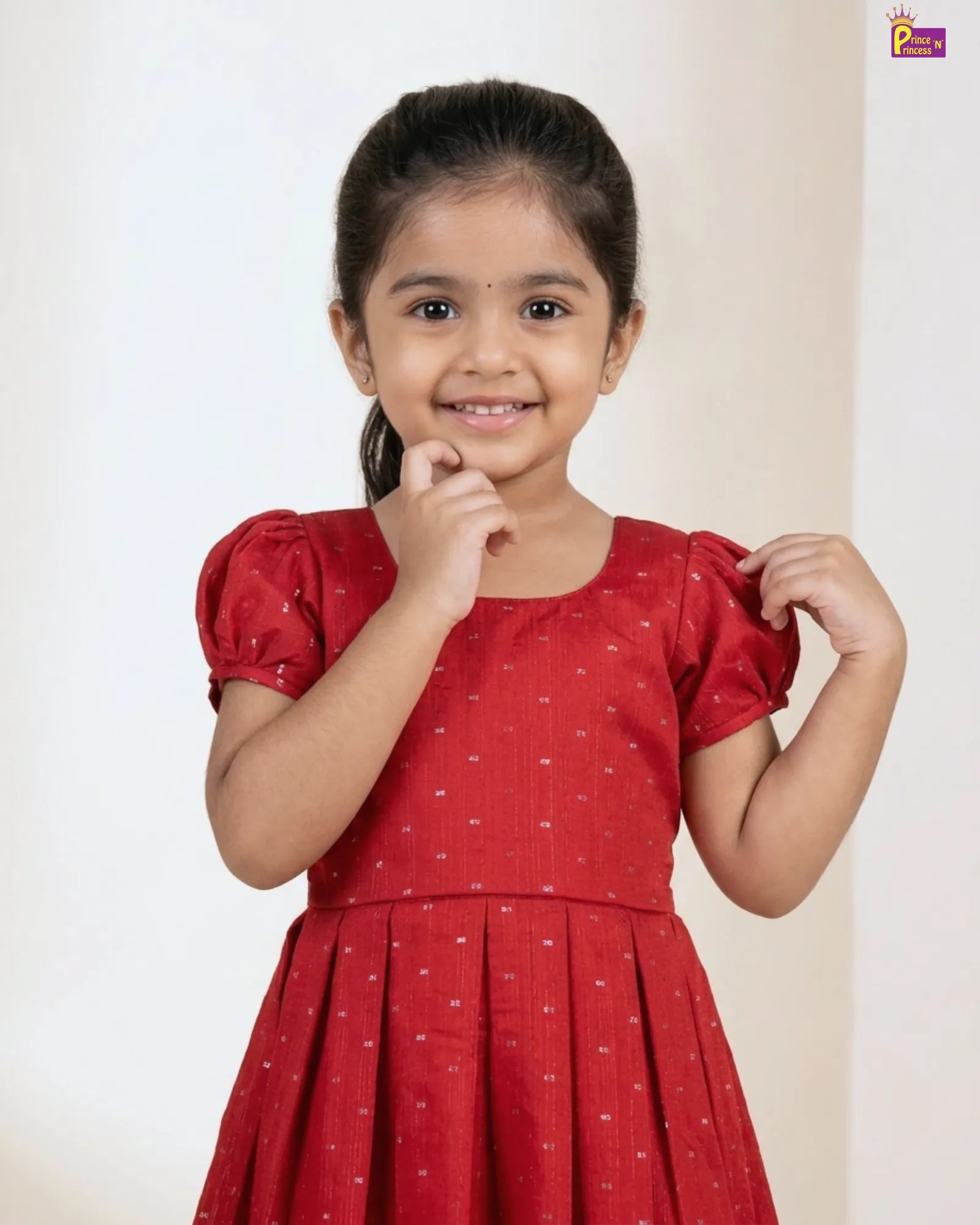 Red Dobby Cotton Frock for Girls | Square Neck Puff Sleeve Daily Wear CF437