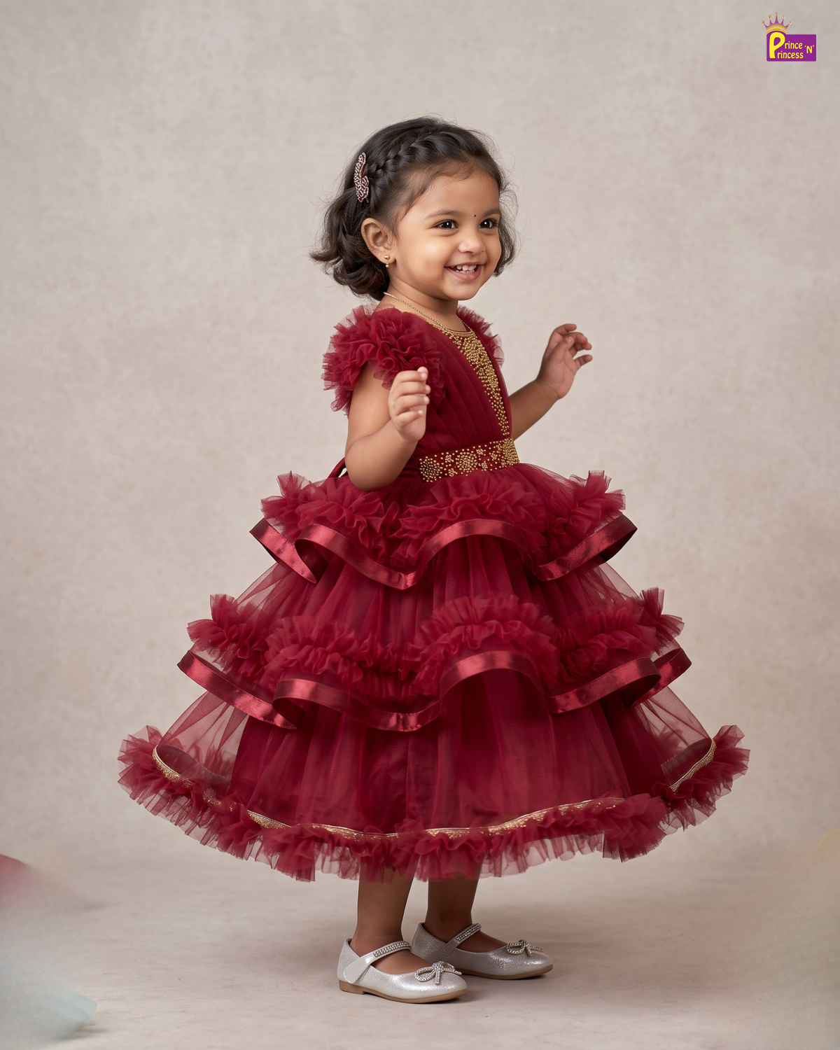 Girls Maroon Tulle Dress - Ruffle Sleeve Tiered Party Wear BG140
