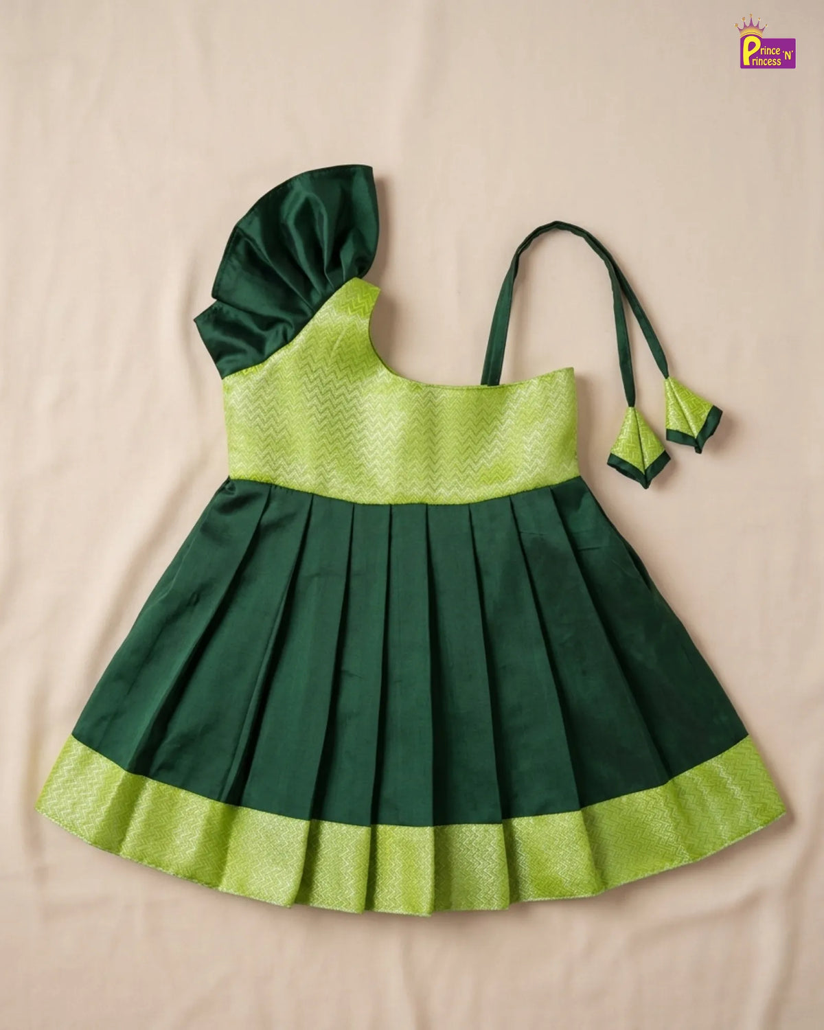 Butterfly Sleeve Newborn Silk Frock - Green Gold Pattu Dress LF2069