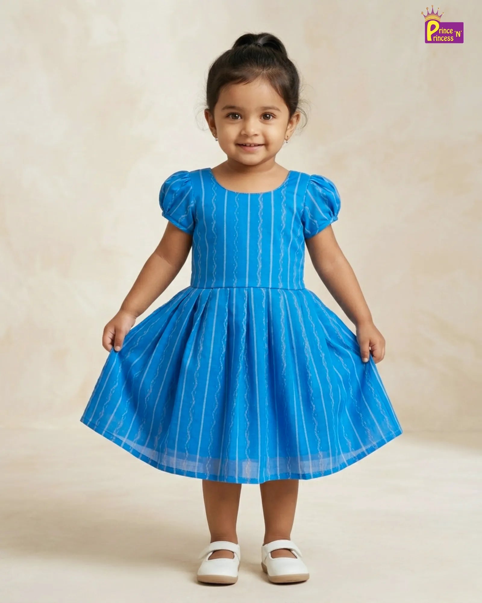 Girls Blue Striped Cotton Frock – Puff Sleeve Everyday Dress CF429