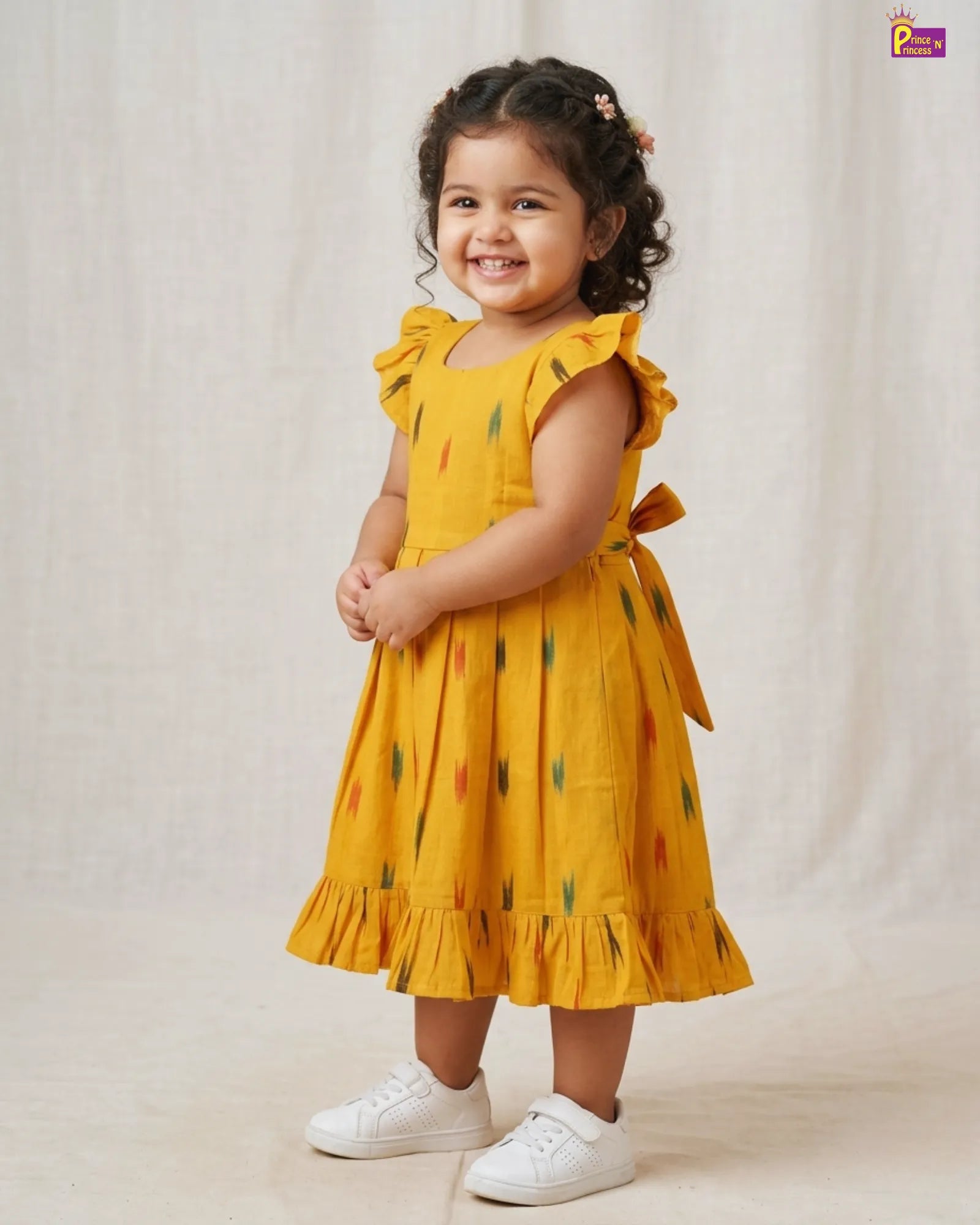 Summer Cotton Frock Yellow Ikat Print Kids Casual Wear Dress CF423