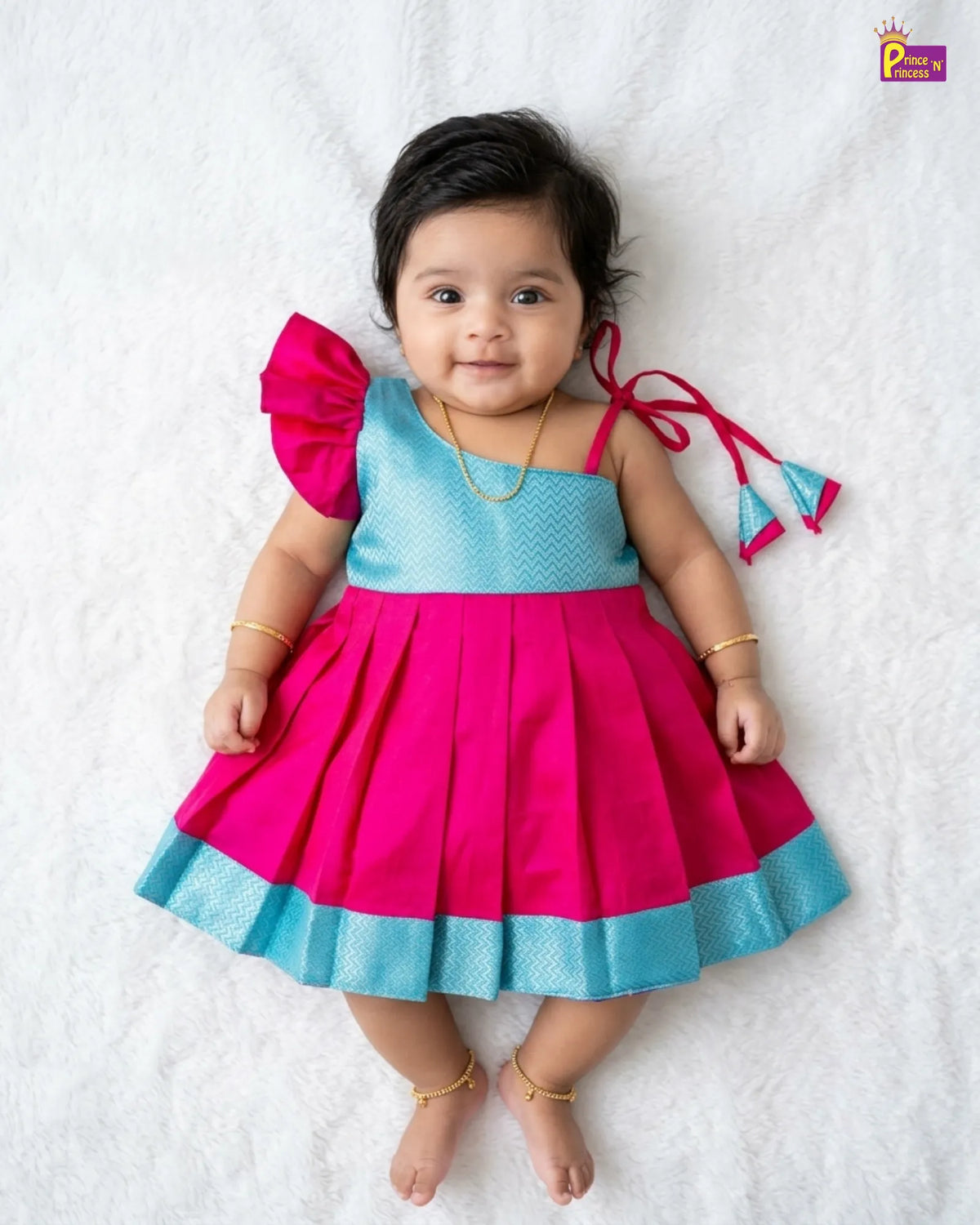 Butterfly Sleeve Newborn Silk Frock - Pink Turquoise Pattu Set LF2068