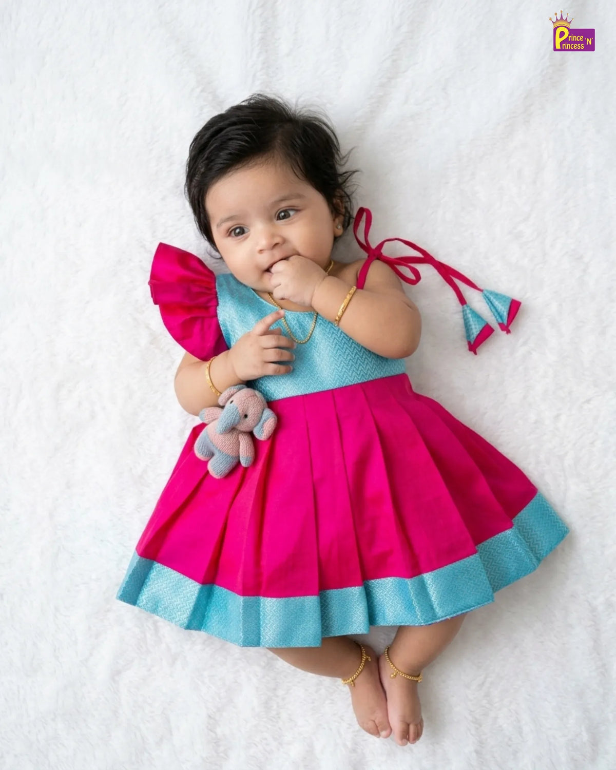 Butterfly Sleeve Newborn Silk Frock - Pink Turquoise Pattu Set LF2068