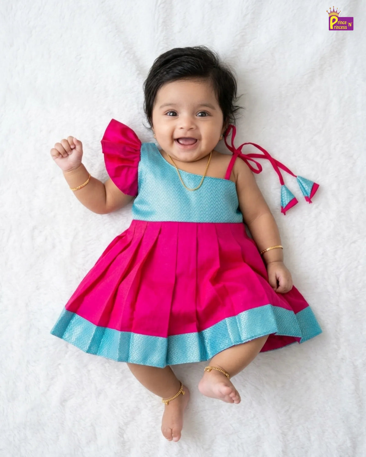 Butterfly Sleeve Newborn Silk Frock - Pink Turquoise Pattu Set LF2068