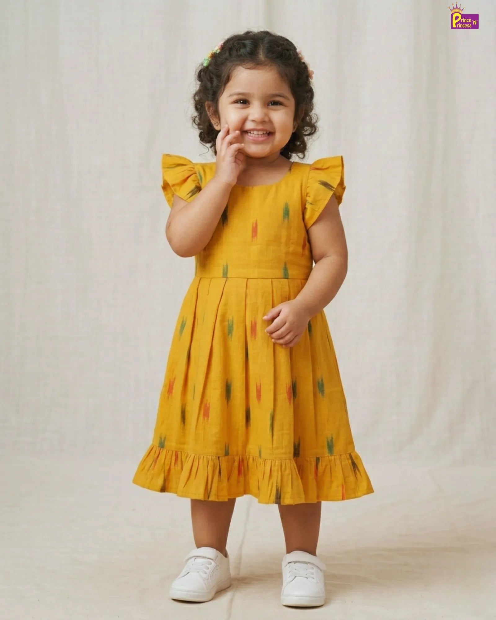 Summer Cotton Frock Yellow Ikat Print Kids Casual Wear Dress CF423
