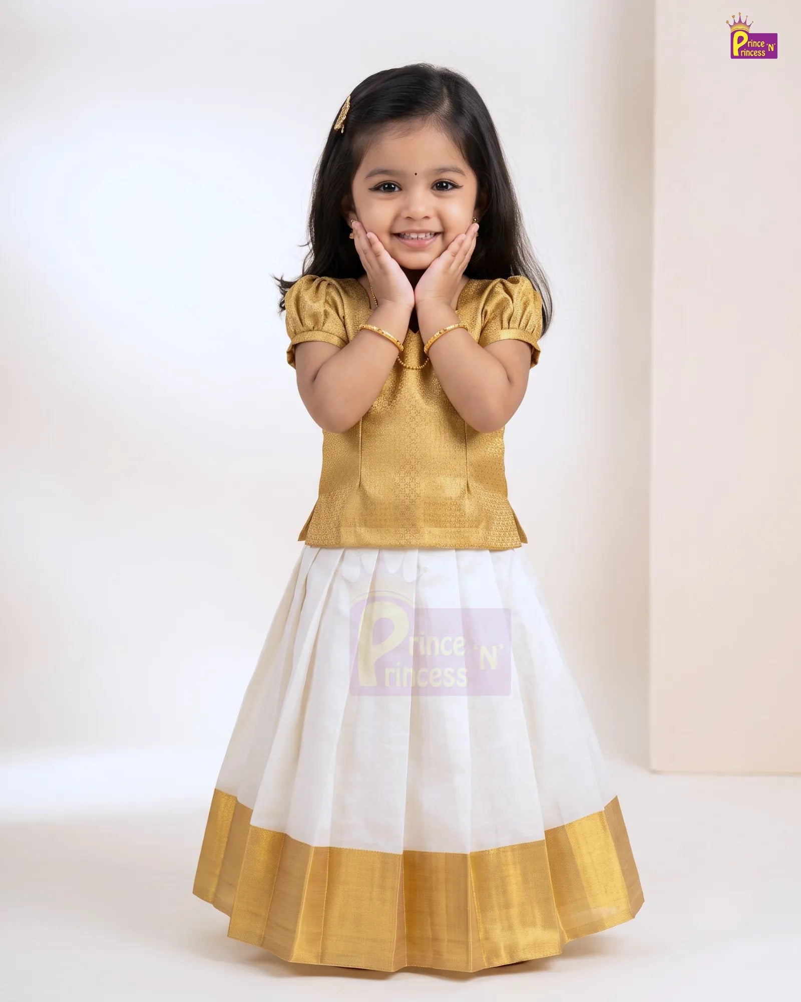 Girls Golden & Cream Kerala Pattu Pavadai -  Onam Dress Top Brocade & Polyester Mix skirt PPP2113