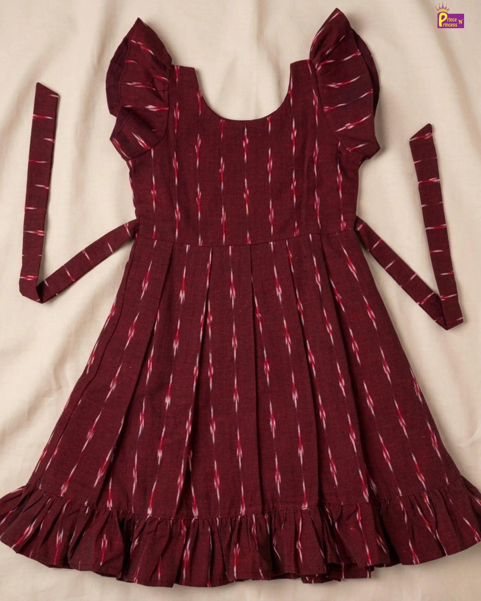 Summer Cotton Frock Maroon Ikat Print Kids Casual Wear Dress CF418