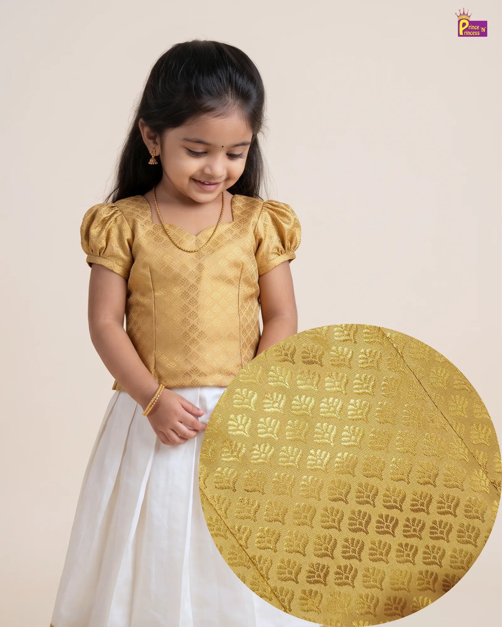 A young girl wearing a gold embroidered top and white skirt, shown against a plain beige background with a circular close-up inset highlighting the fabric texture.