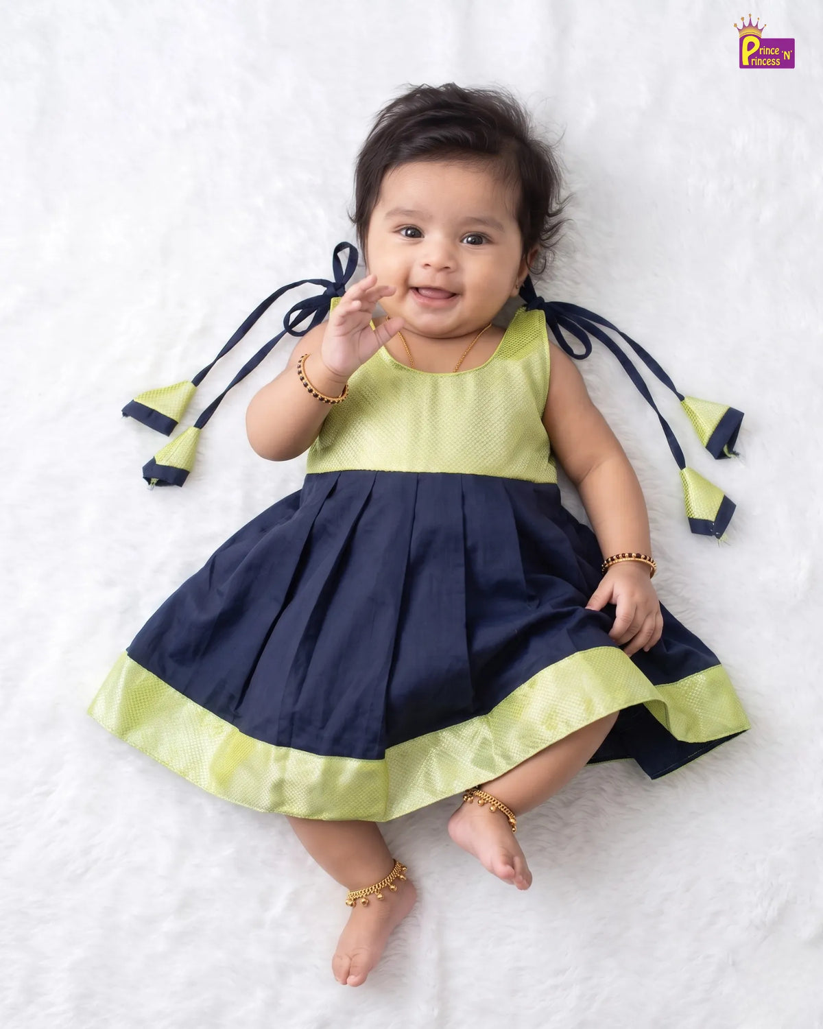 Lime Green & Navy Blue Pattu Frock For Baby Girl | Newborn Silk Frock LF2085