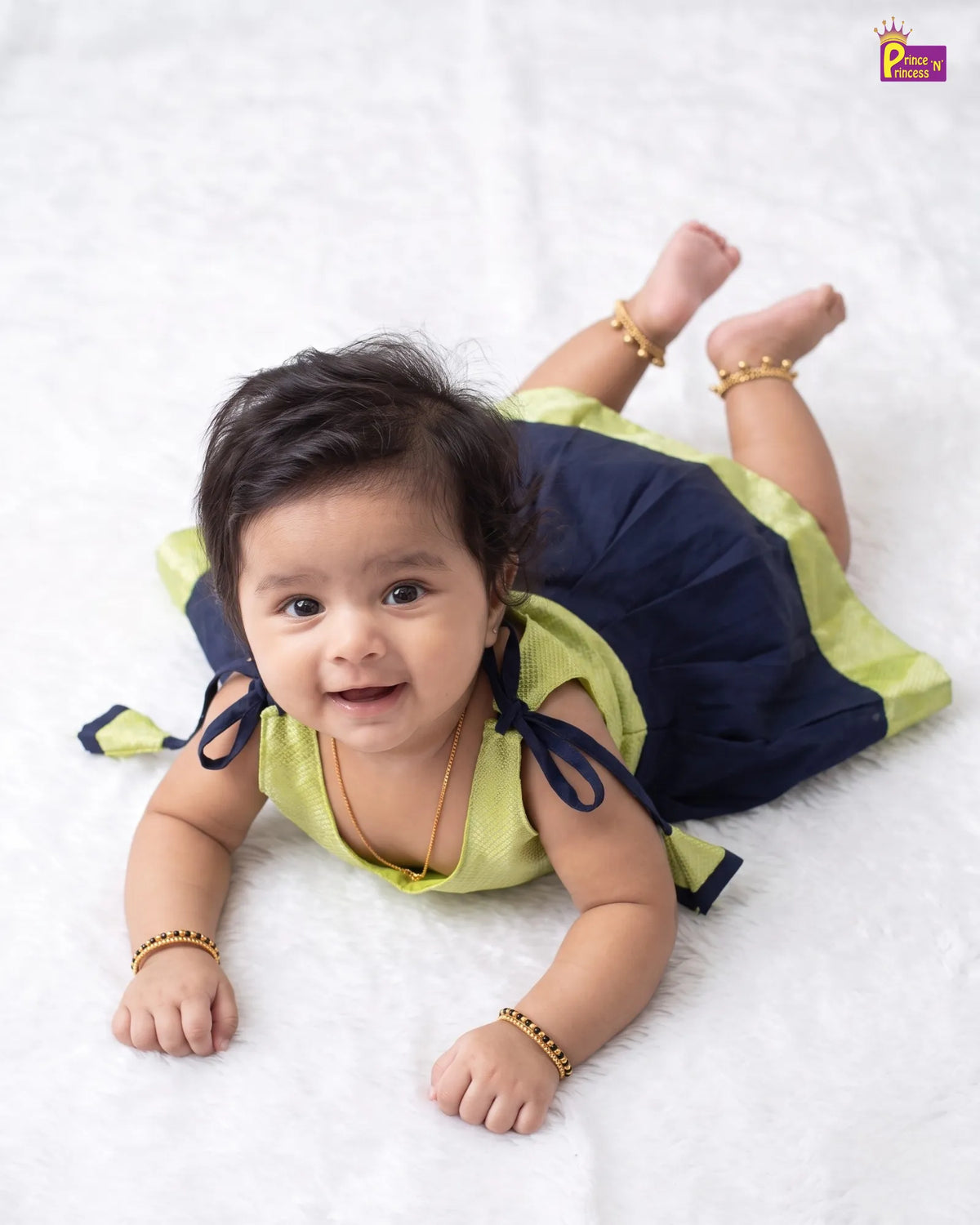 Lime Green & Navy Blue Pattu Frock For Baby Girl | Newborn Silk Frock LF2085