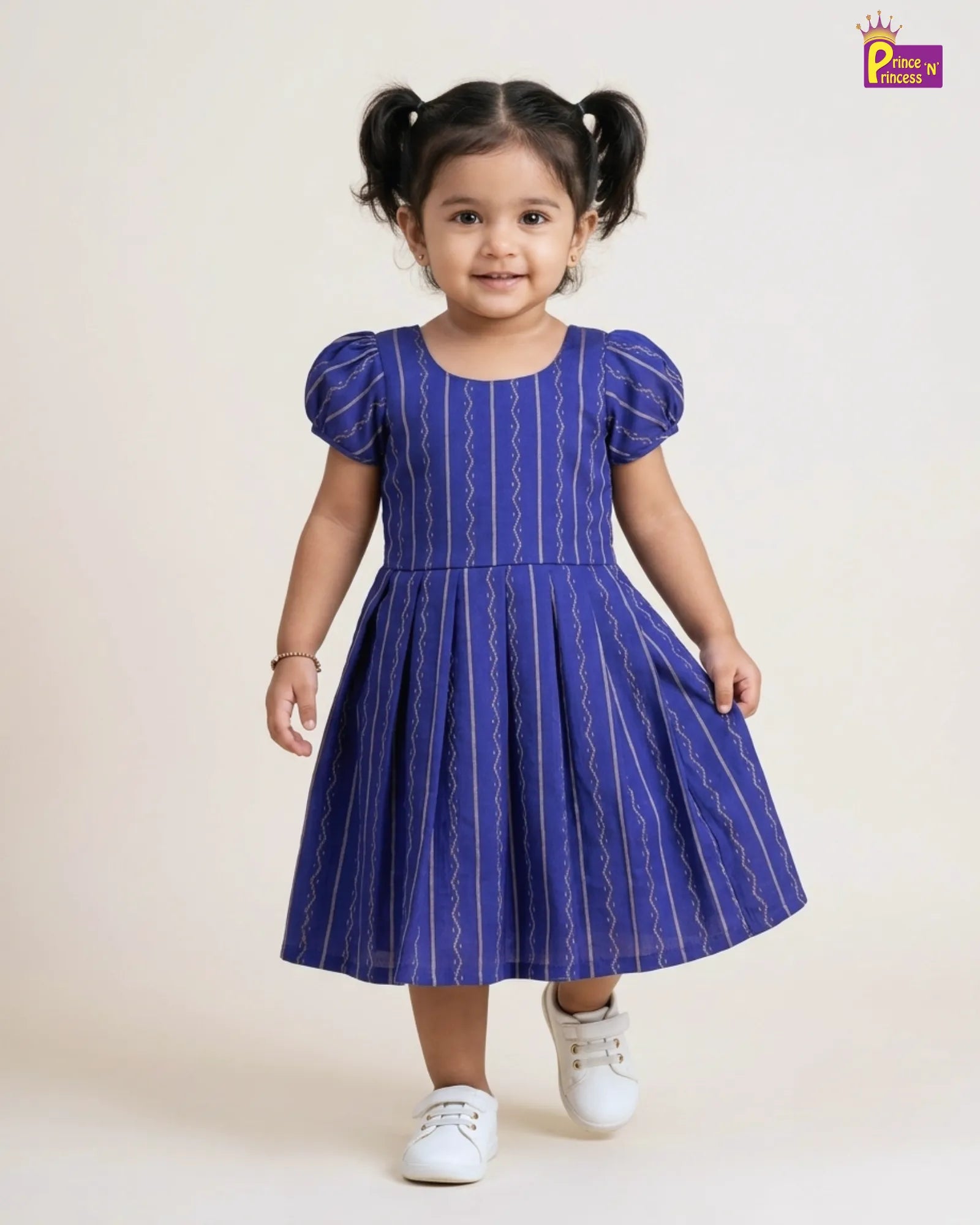 Girls Royal Blue Striped Cotton Frock – Puff Sleeve Everyday Dress CF431