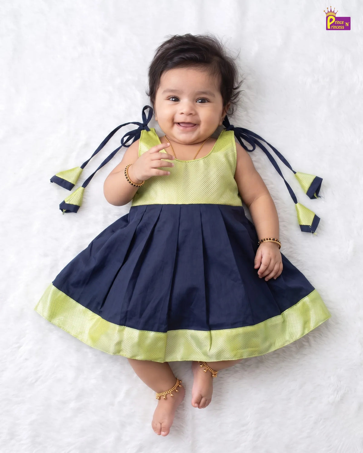 Lime Green & Navy Blue Pattu Frock For Baby Girl | Newborn Silk Frock LF2085