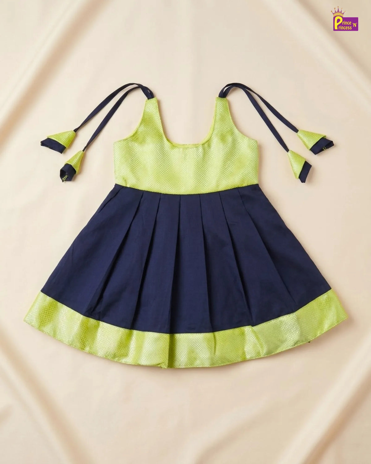 Lime Green & Navy Blue Pattu Frock For Baby Girl | Newborn Silk Frock LF2085
