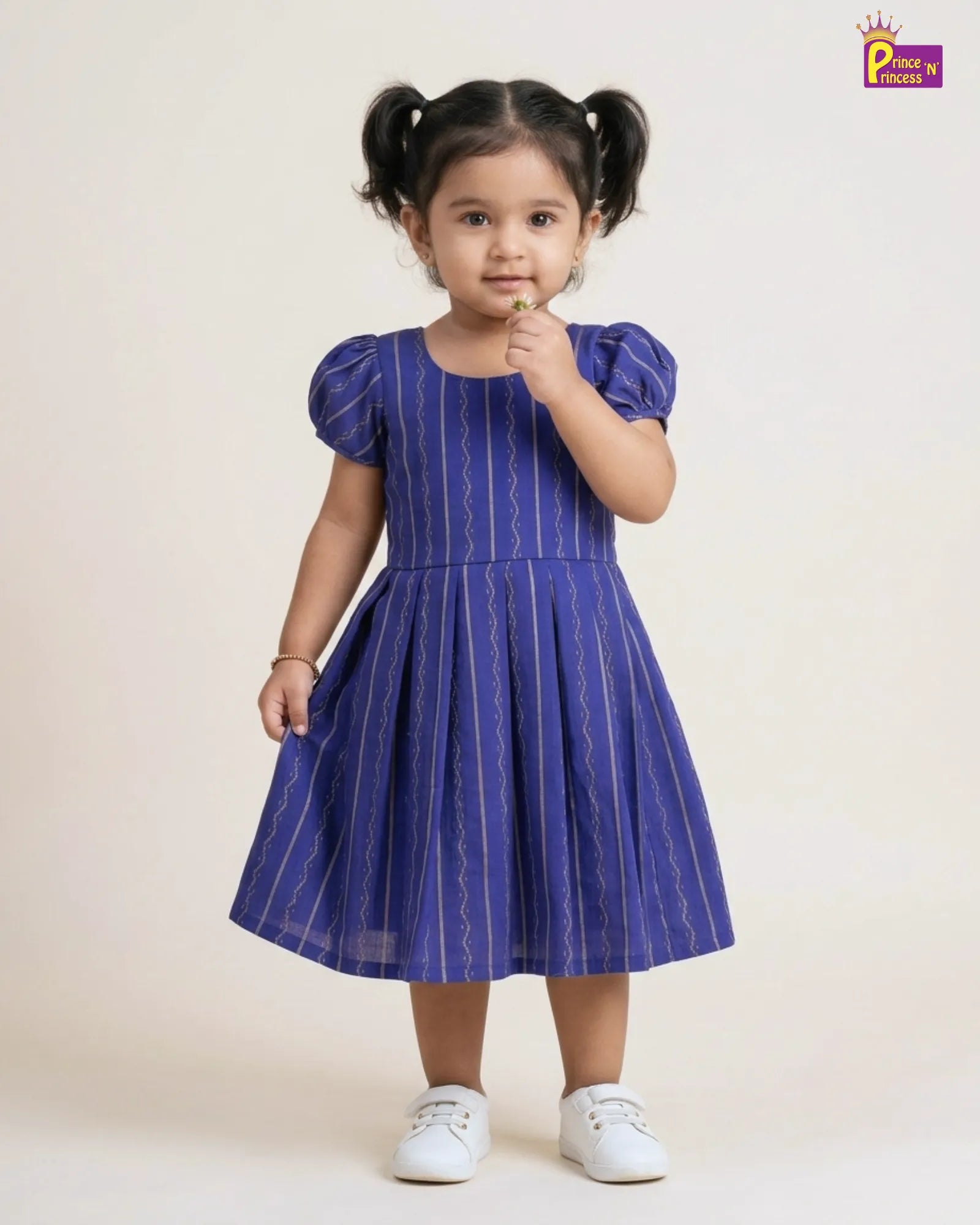 Girls Royal Blue Striped Cotton Frock – Puff Sleeve Everyday Dress CF431