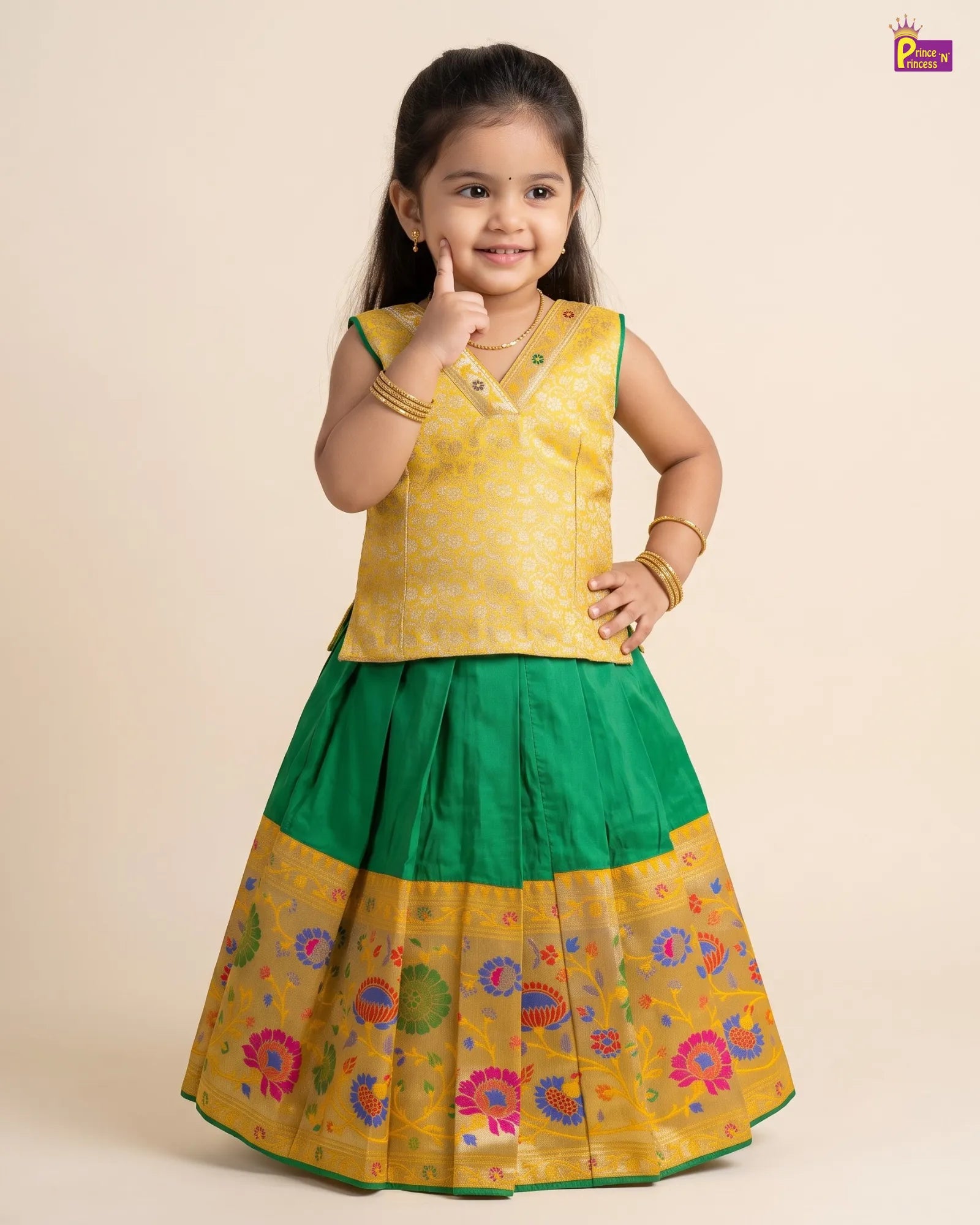 Yellow Green Pattu Pavadai for Girls - Floral Zari Border PPP1827