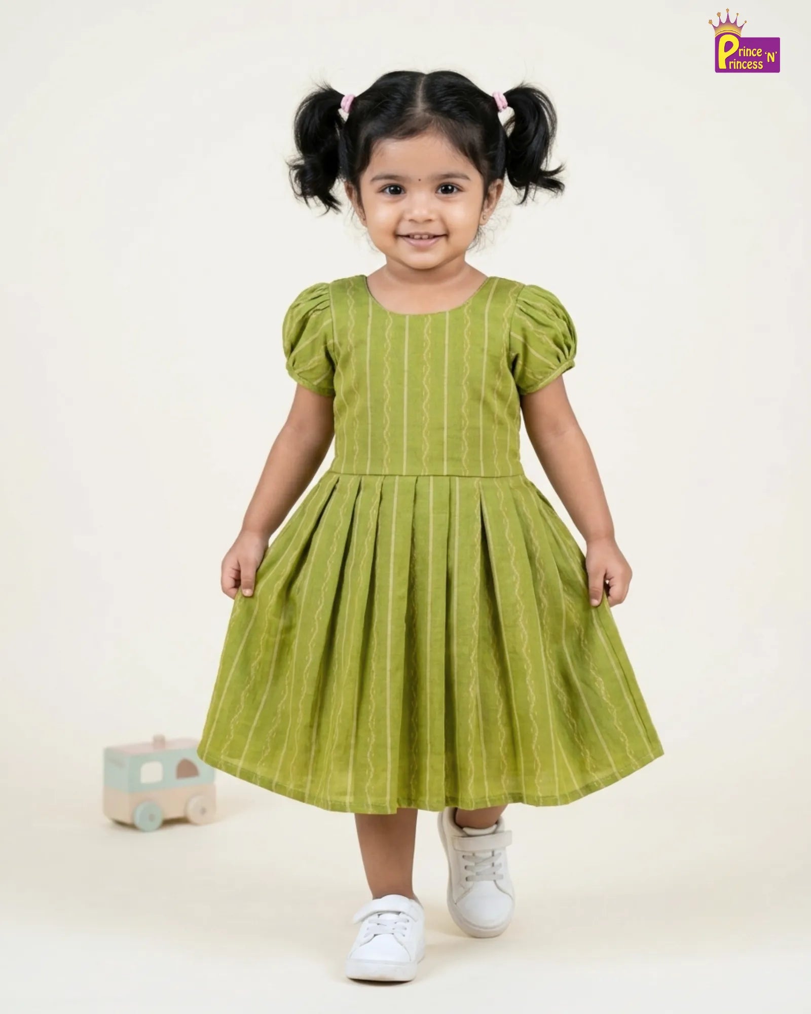 Girls Olive Green Striped Cotton Frock – Puff Sleeve Everyday Dress CF428
