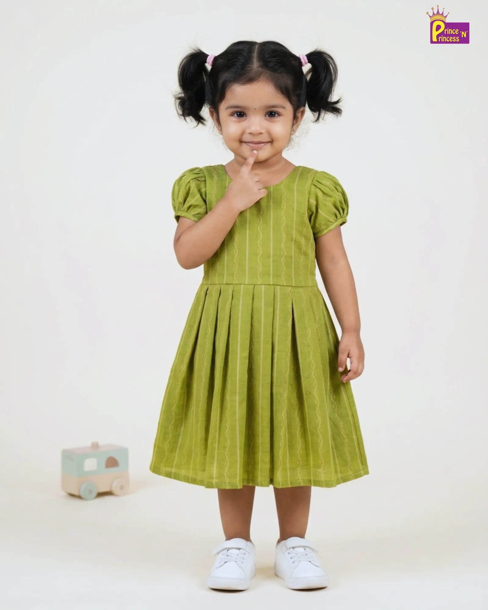 Girls Olive Green Striped Cotton Frock – Puff Sleeve Everyday Dress CF428