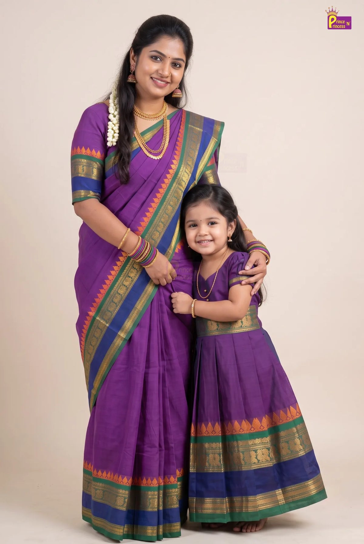 Mother & Daughter Chettinad Cotton Saree Combo | Purple Pure Handloom Cotton Saree  (Read Description) - MDC004