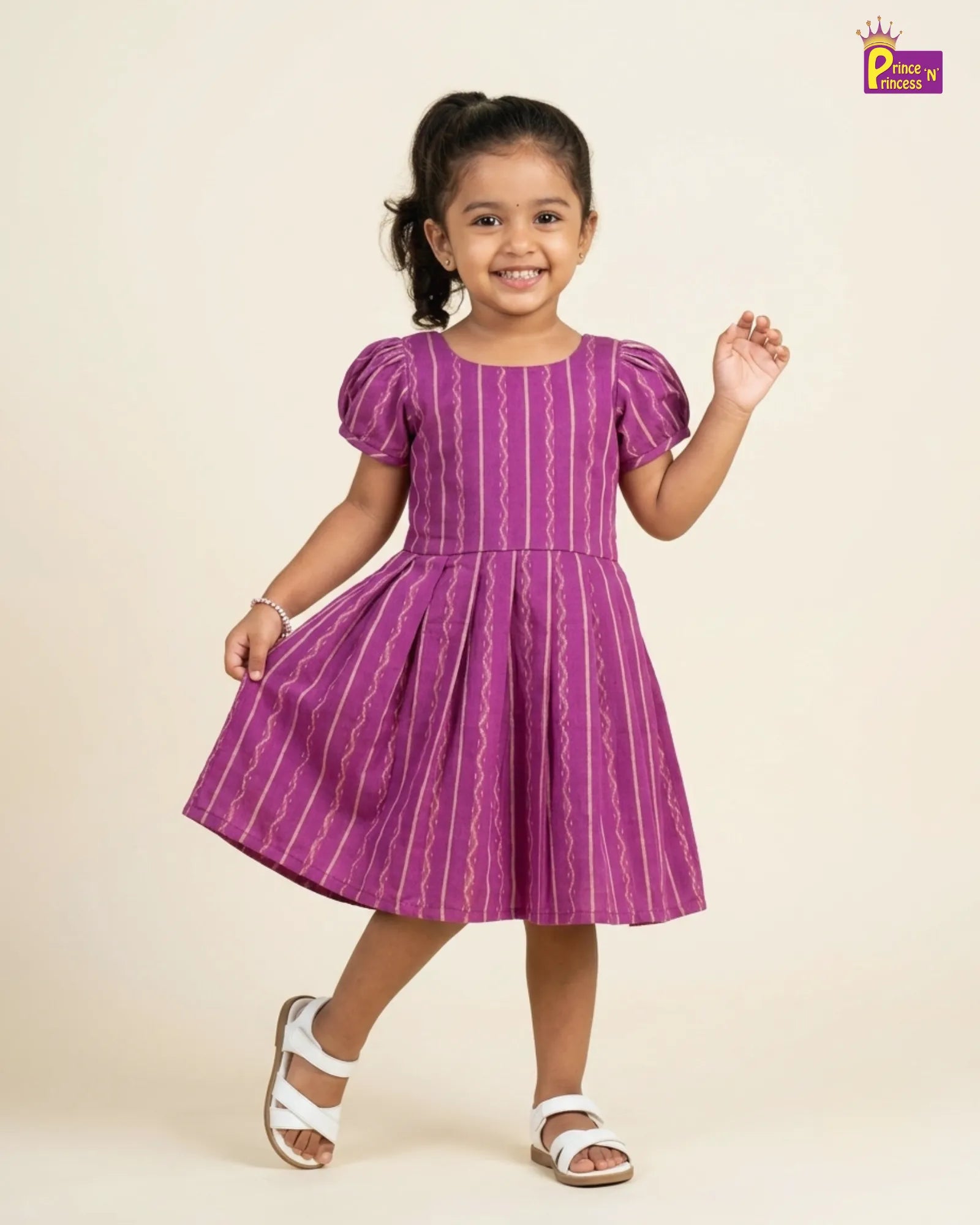 Girls Pink Striped Cotton Frock – Puff Sleeve Everyday Dress CF430