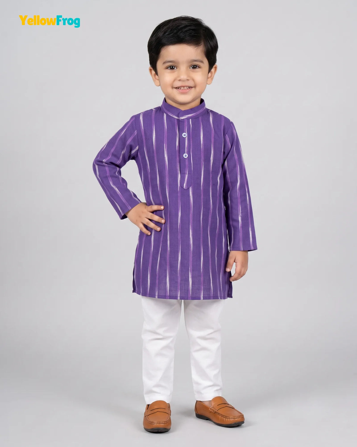 Boys Pure Cotton Ikkat Kurta Pyjama Set - Purple Striped Ikkat Ethnic Wear with Collar KP231