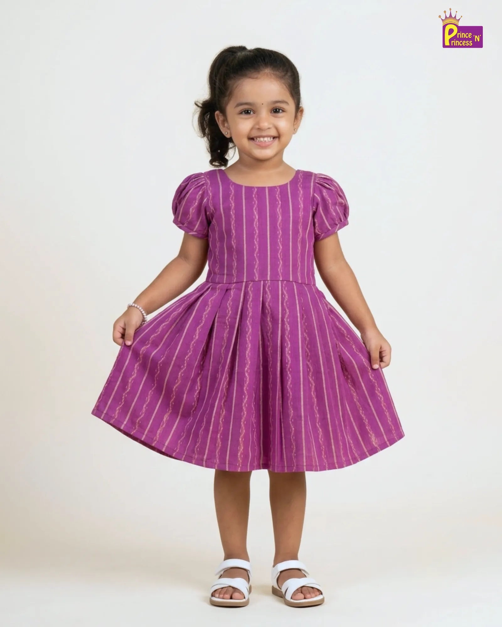 Girls Pink Striped Cotton Frock – Puff Sleeve Everyday Dress CF430