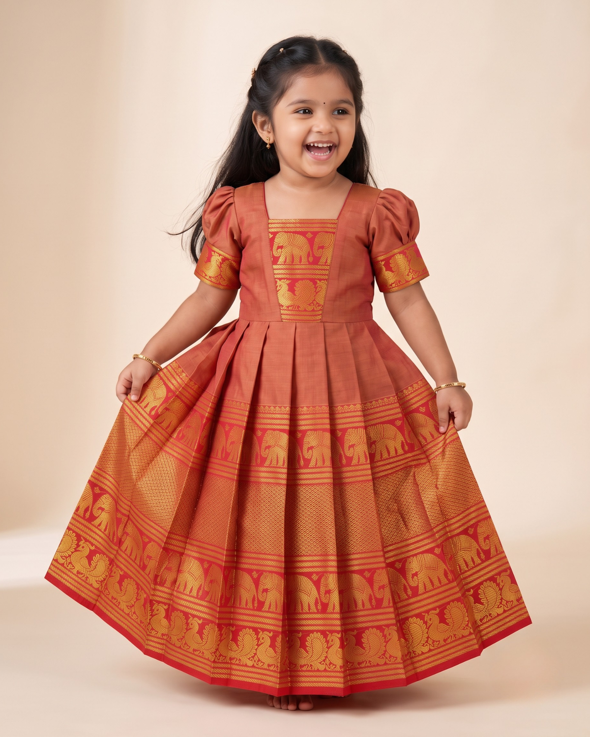 Elegant Gold Chettinad Cotton Gown for Diwali, Navratri & Pongal - PG749