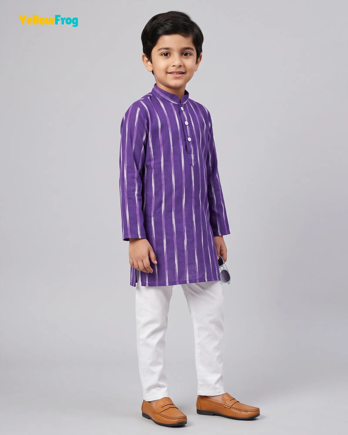 Boys Pure Cotton Ikkat Kurta Pyjama Set - Purple Striped Ikkat Ethnic Wear with Collar KP231