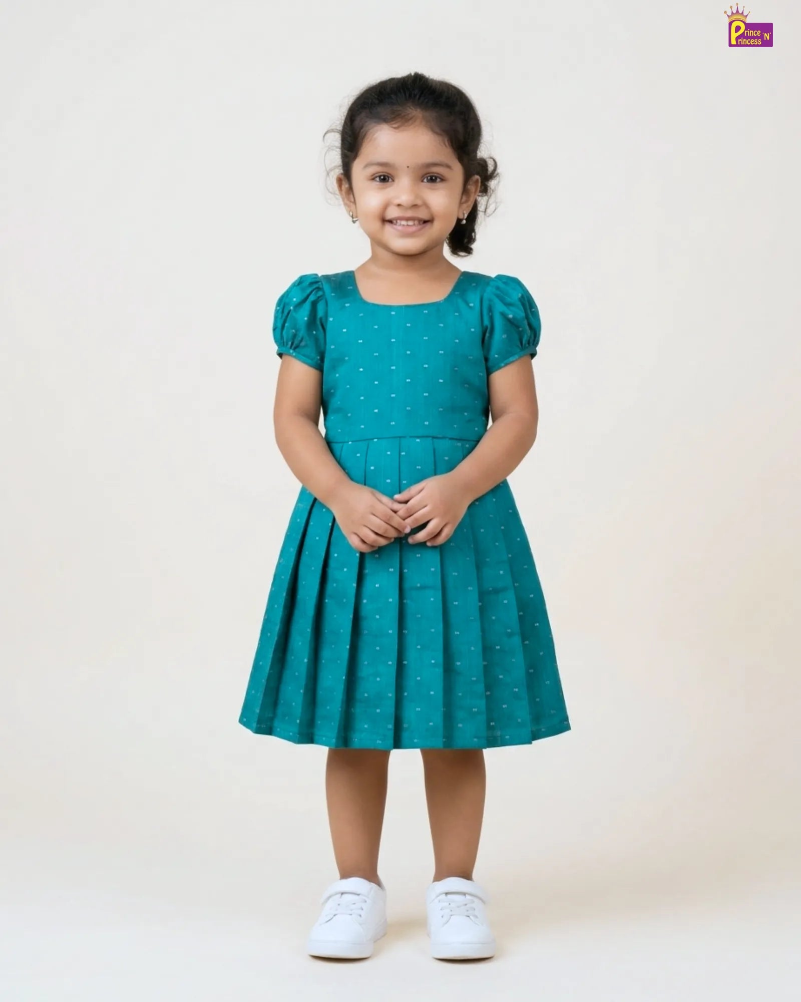 Teal Green Dobby Cotton Frock for Girls | Square Neck Puff Sleeve Dress CF438