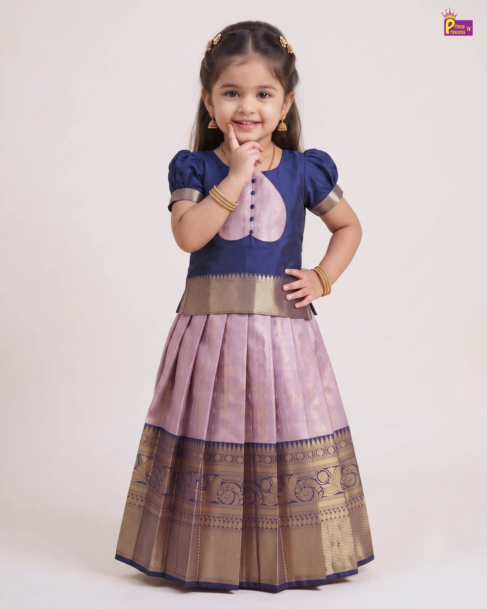 Heart Yoke Pattu Pavadai for Girls | Navy Blue lavender PPP2126