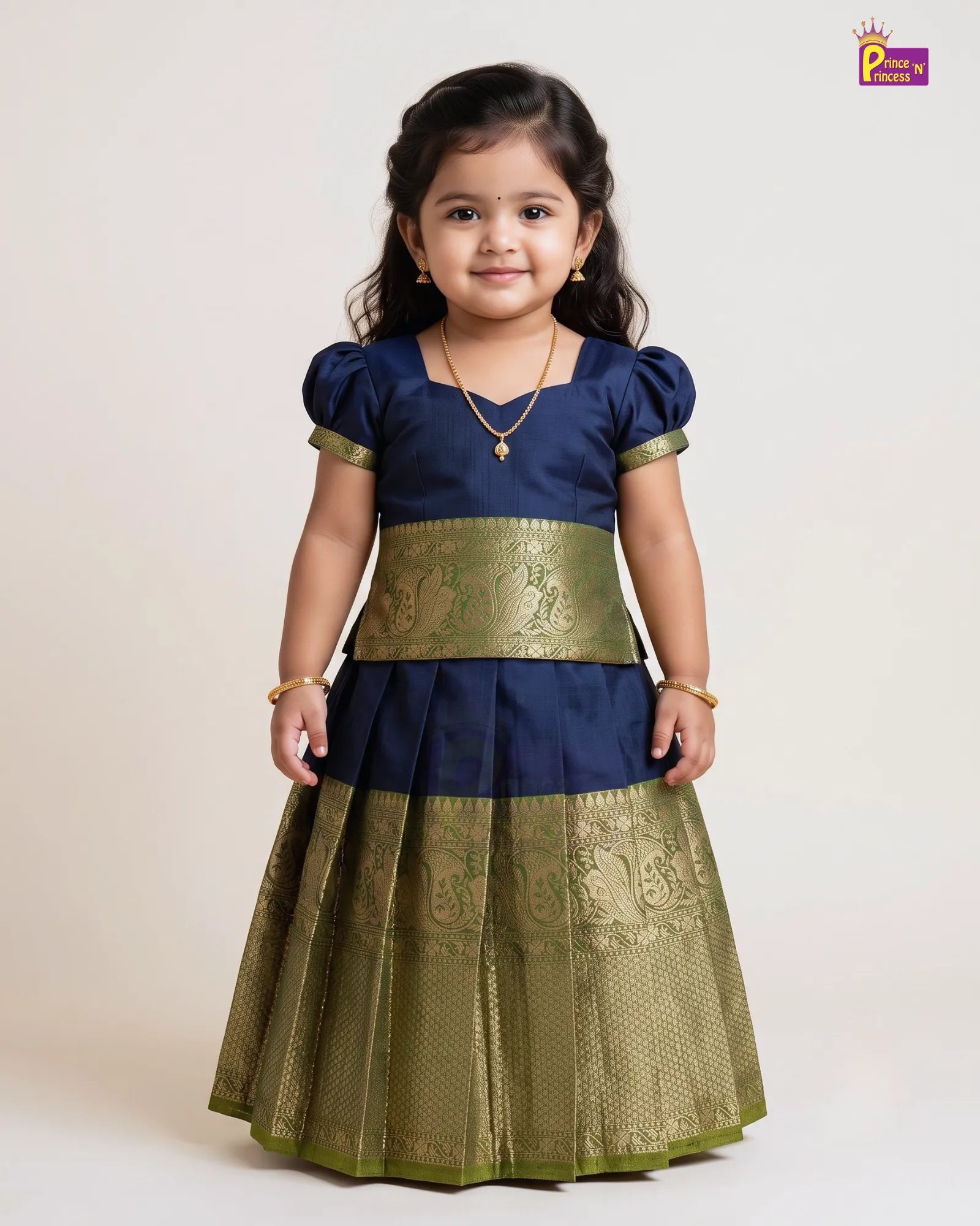 Chettinad Pattu Pavadai for Girls | Navy Blue Olive Gold Peacock Zari Silk PPP2137